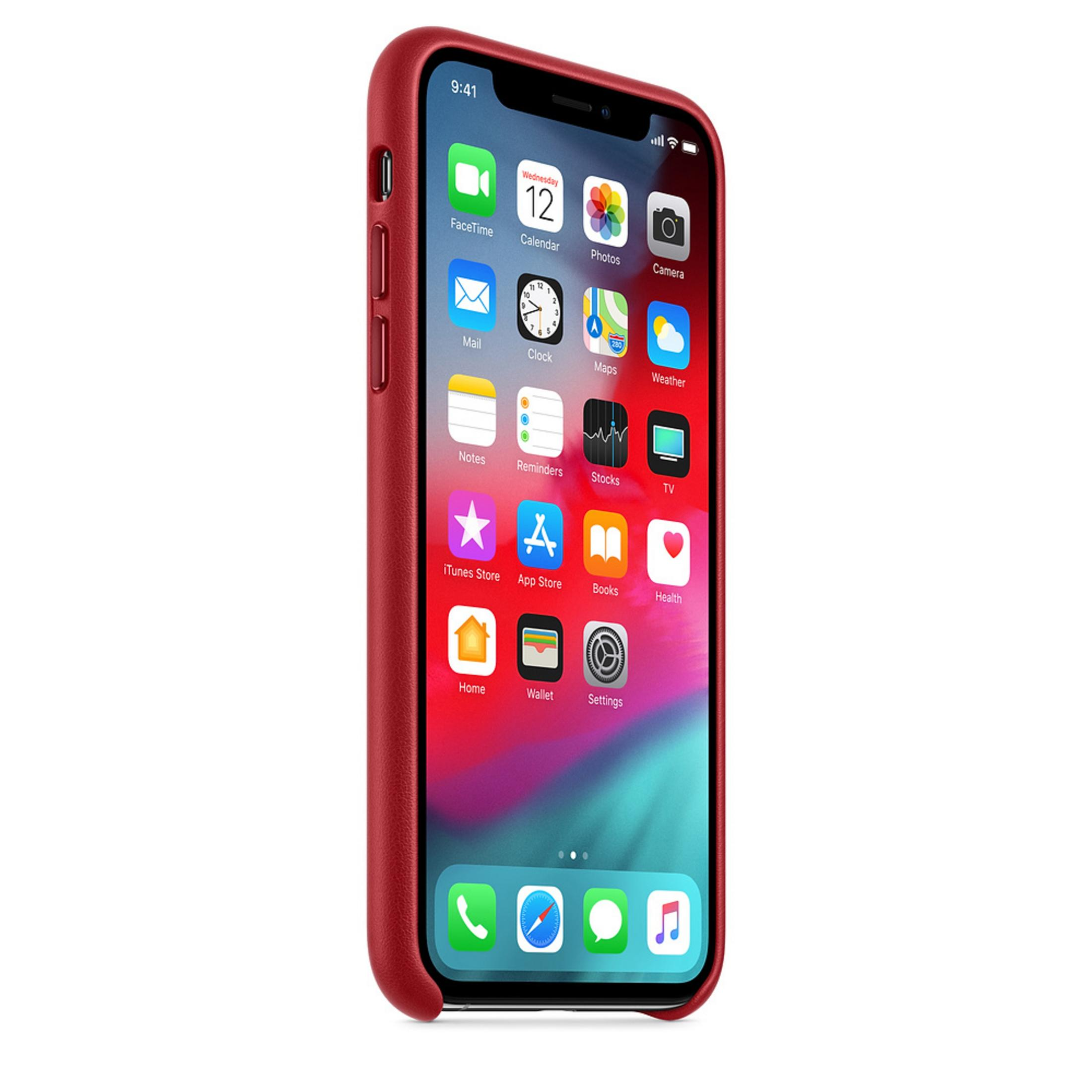 iPhone mit roter Hülle, zeigt den Startbildschirm mit Apps.