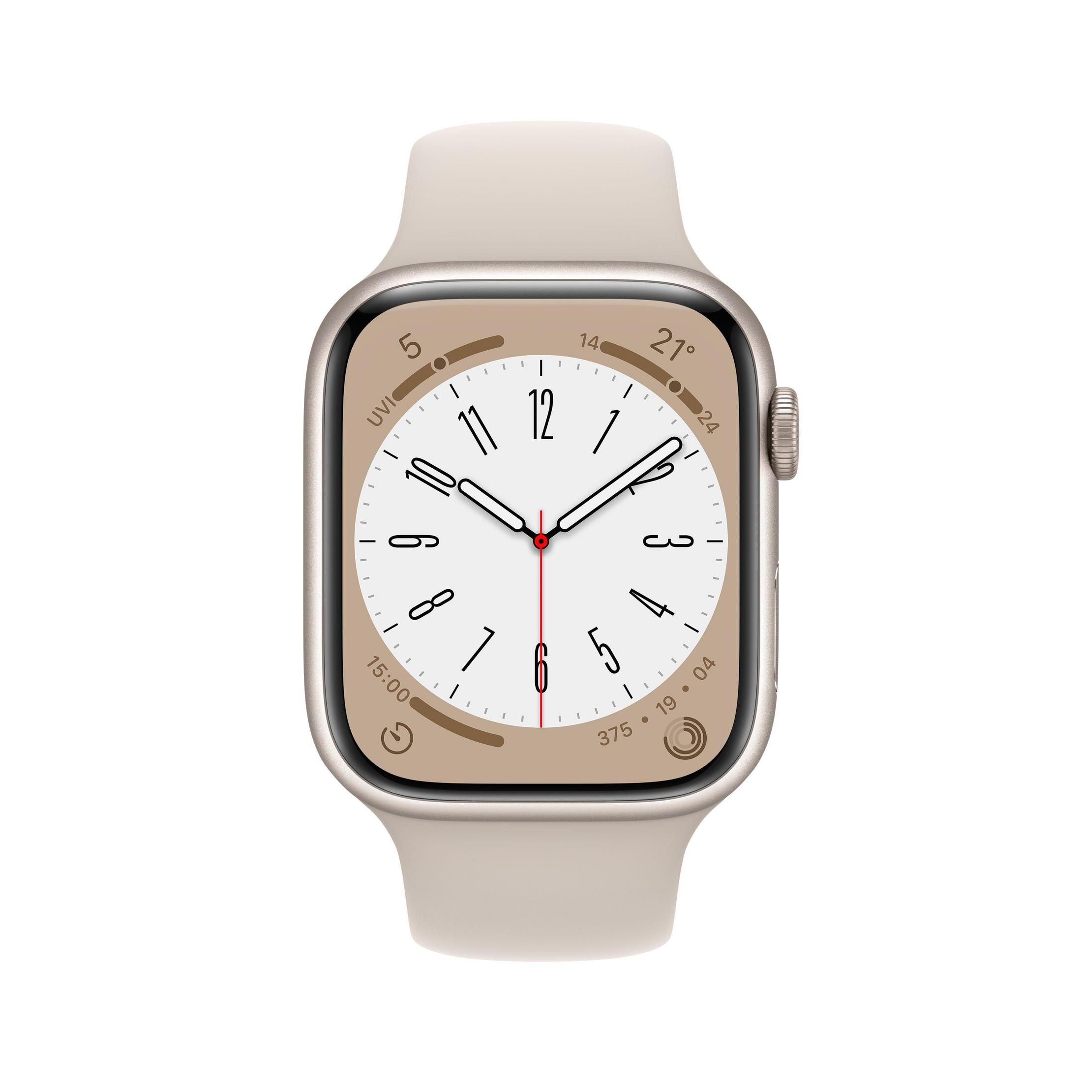 Beige smartwatch met een ronde wijzerplaat. Toont tijd en datum met een lichtbeige bandje.