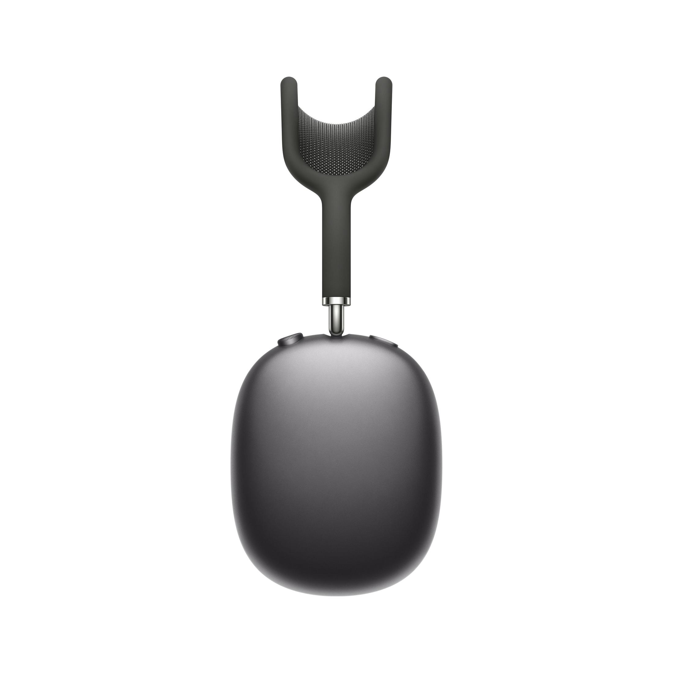 Ciemnoszare słuchawki wiszące do góry nogami na białym tle.