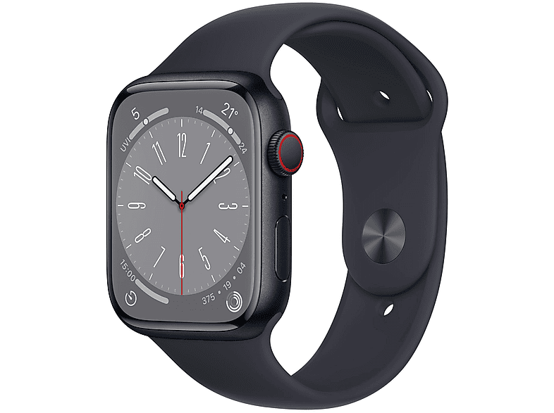 APPLE S8 GPS+CEL 45 MIDN ALUW MIDNI. SPORT REG Smartwatch Aluminium Fluorelastomer, 140 - 220 mm, Armband: Mitternacht, Gehäuse: Mitternacht