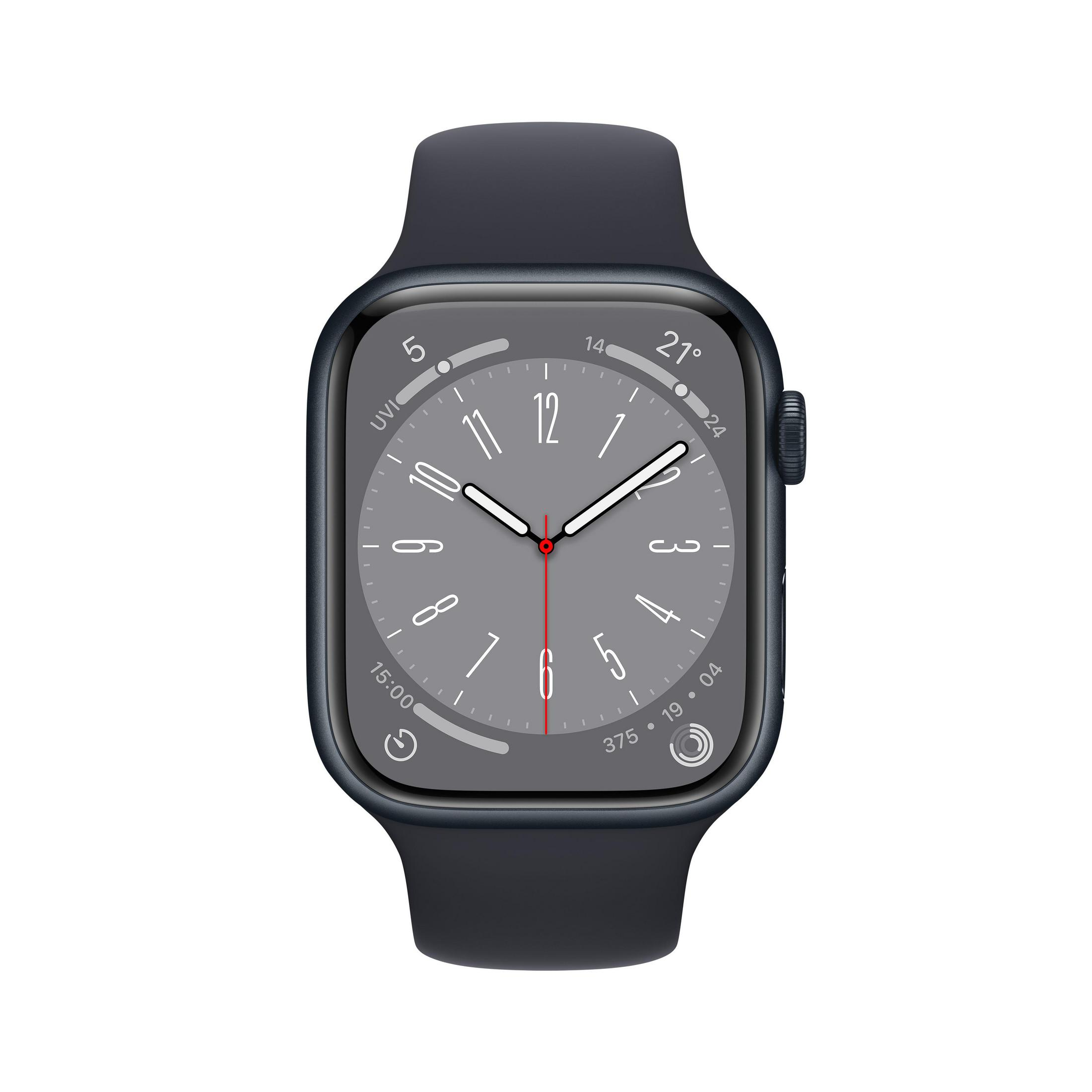 Donkerblauwe Apple Watch die de tijd toont. Het heeft een donkerblauwe band en een grijze wijzerplaat.