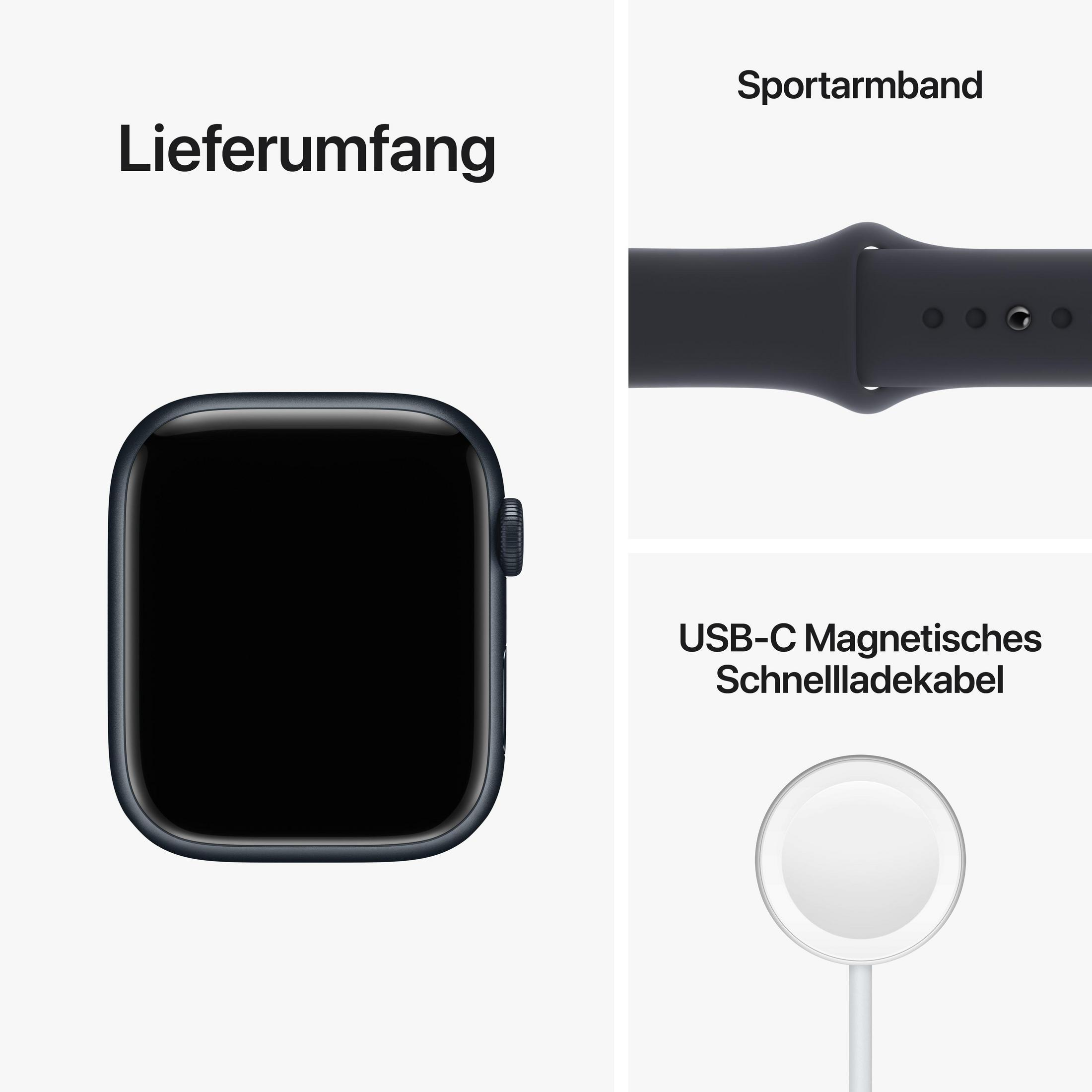 Een Apple Watch met een zwart scherm, een sportbandje en een magnetische oplaadkabel.