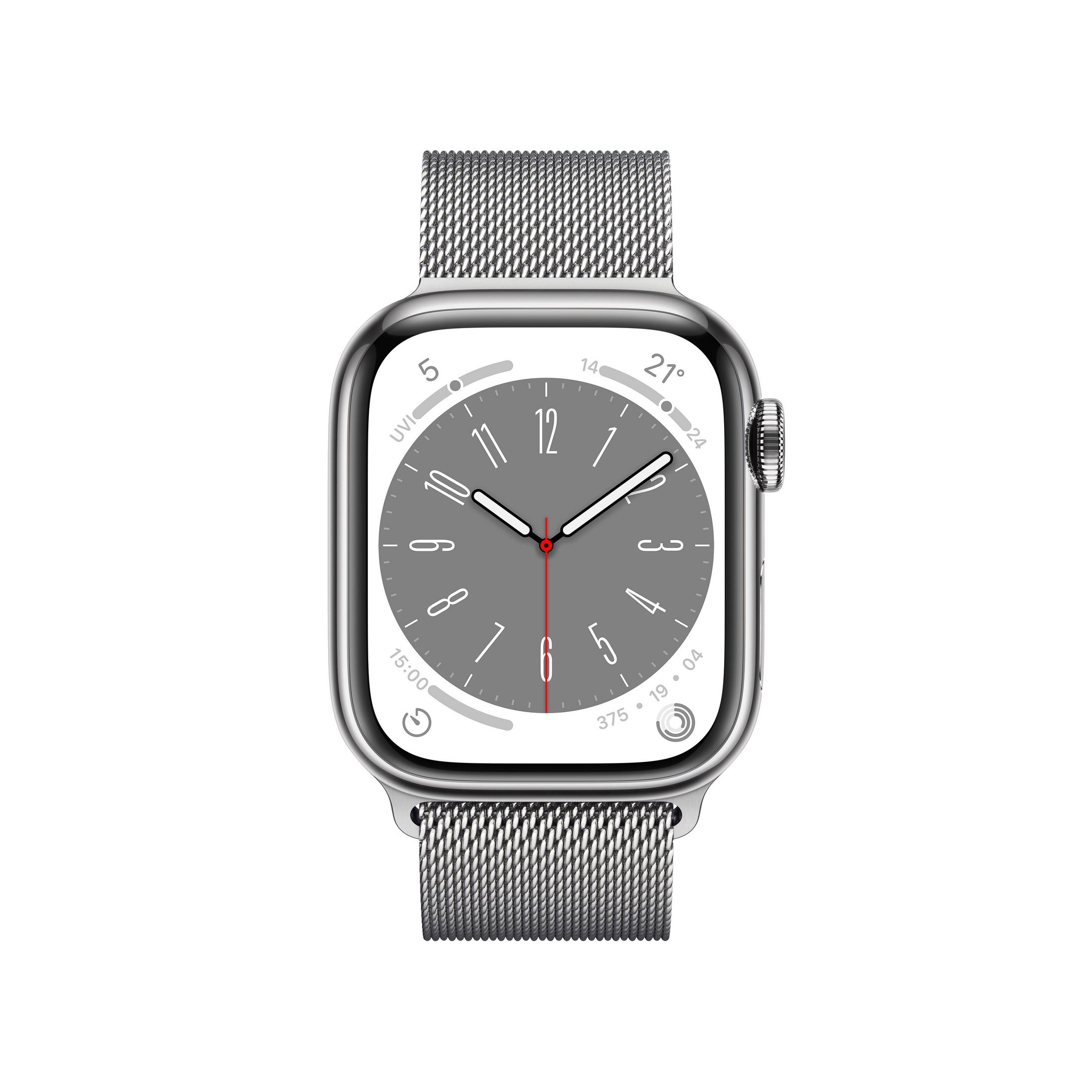 Eine silberne Apple Watch mit Mesh-Armband, die die Uhrzeit anzeigt.