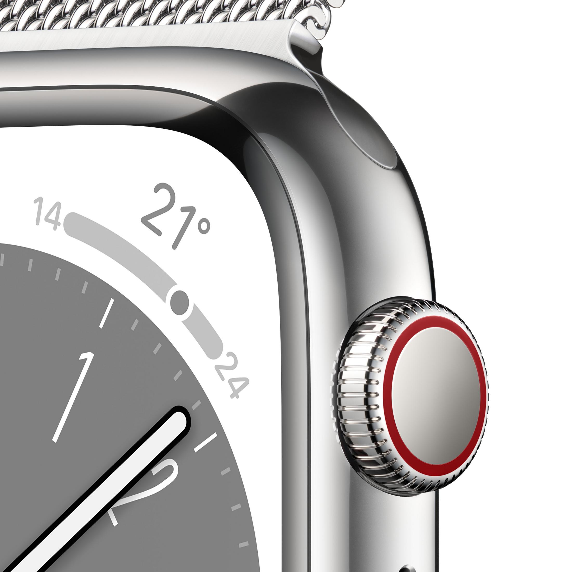 Nahaufnahme einer silbernen Apple Watch, die die Zeit und einen rot akzentuierten Knopf zeigt.