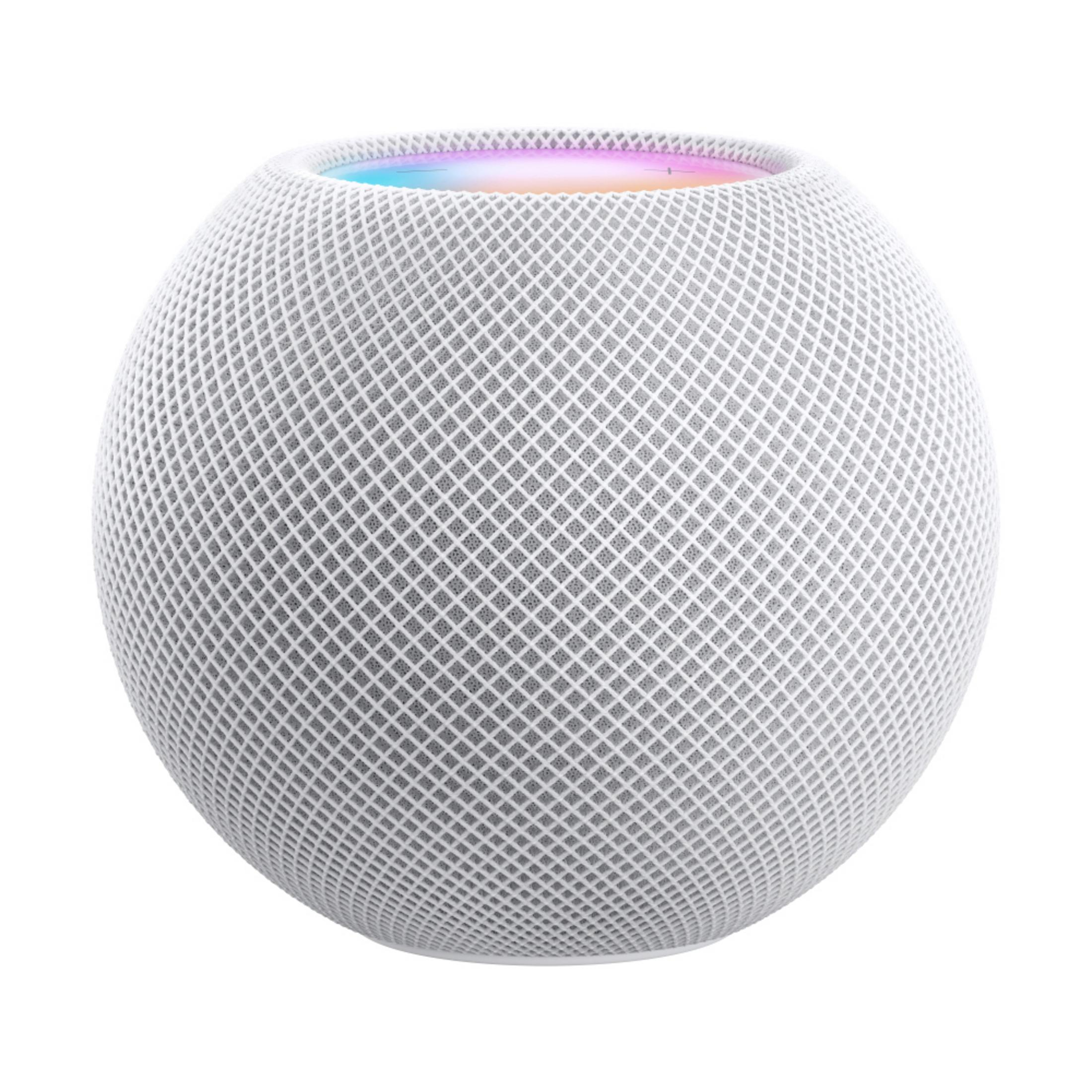 Biały głośnik Apple HomePod mini. Ma kulisty kształt i białą siateczkę.