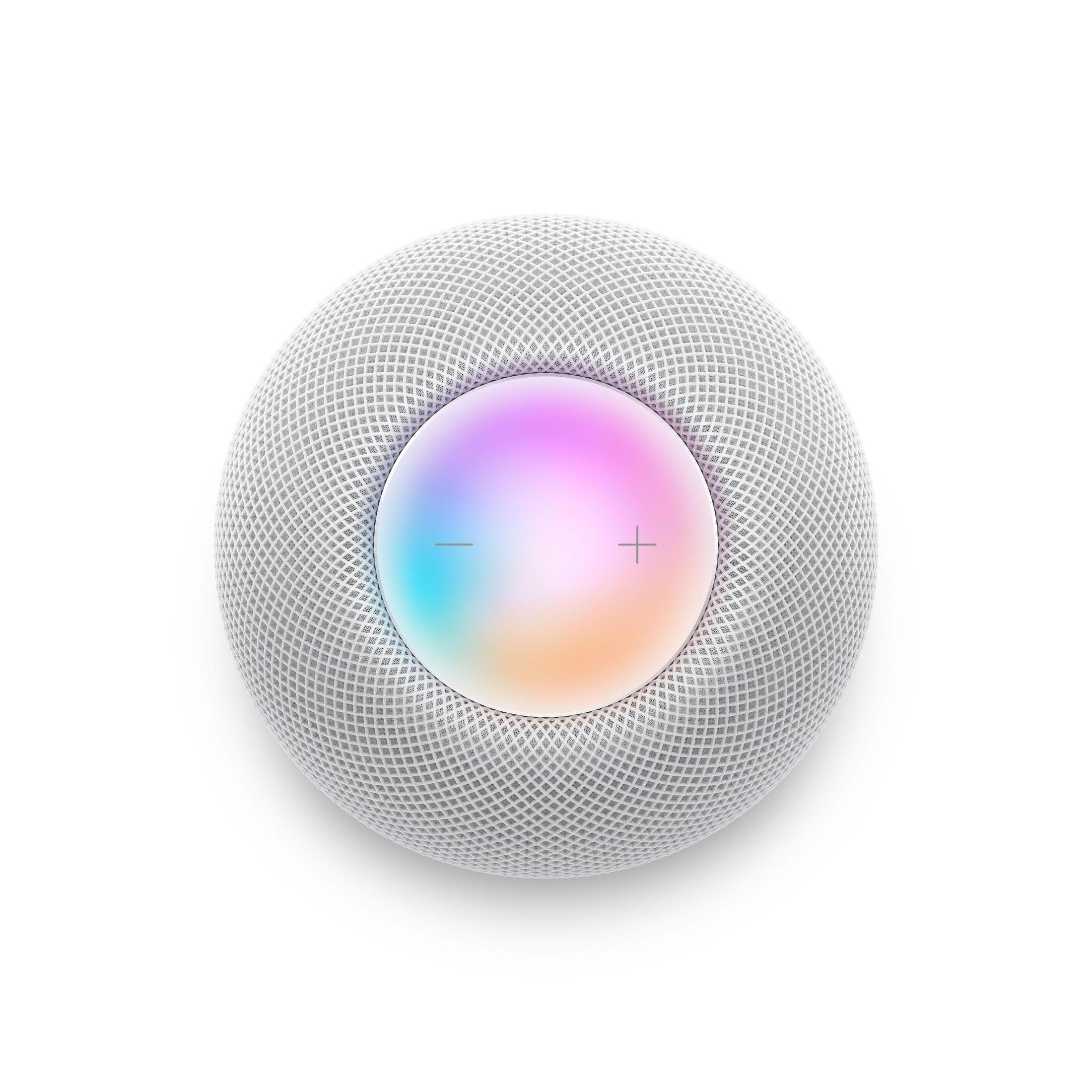 Biały HomePod, widok z góry, z kolorowym światłem pośrodku.