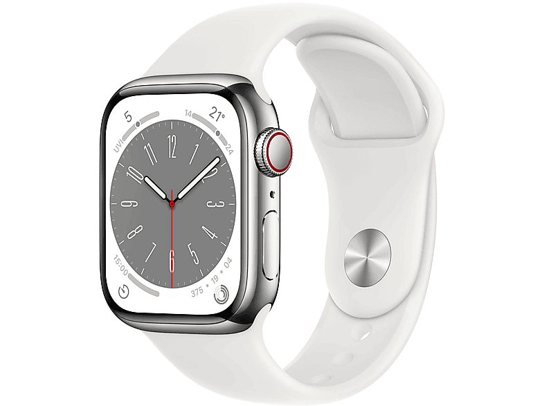 APPLE S8 GPS+CEL 41 SIL STAINL ST W WHITE SPORT REG Smartwatch Edelstahl Fluorelastomer, 130 - 200 mm, Armband: Weiß, Gehäuse: Silber