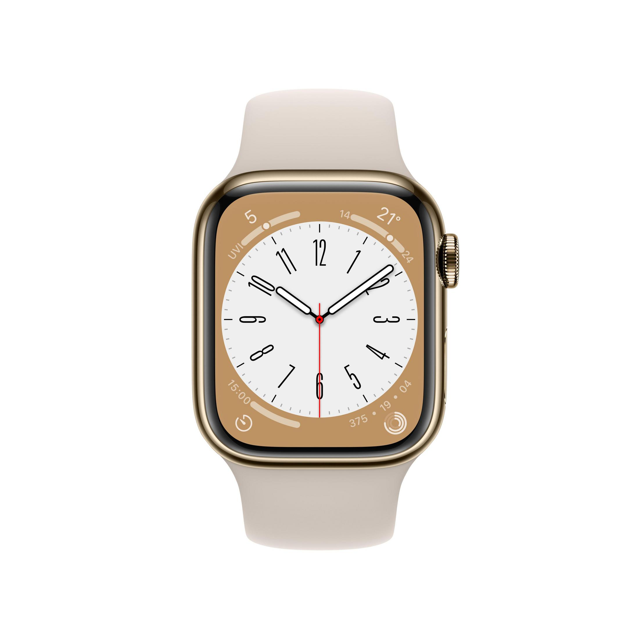 Apple Watch mit beigem Armband, goldenem Gehäuse und Ziffernblatt, das 12:35 Uhr anzeigt.