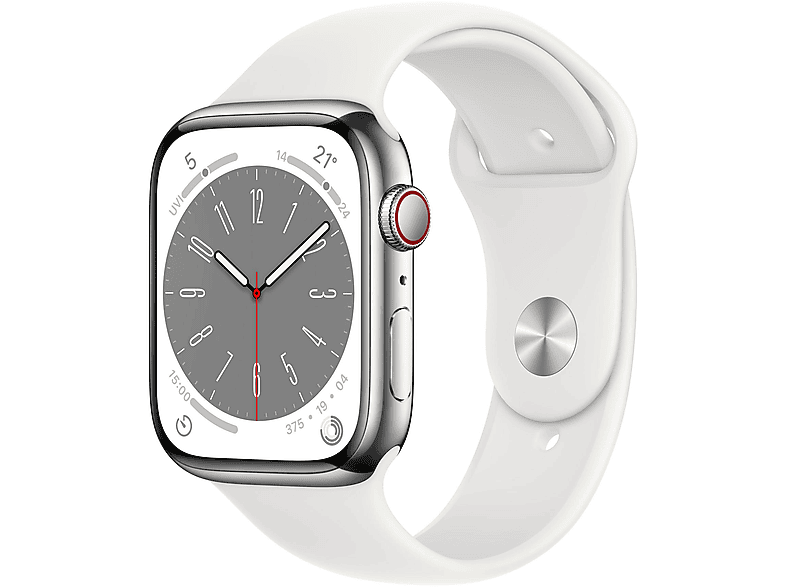 APPLE S8 GPS CEL 45 SIL STAINL ST W WHITE SPORT REG Smartwatch Edelstahl Fluorelastomer 140 220 mm Armband WeiB Gehause Silber SATURN