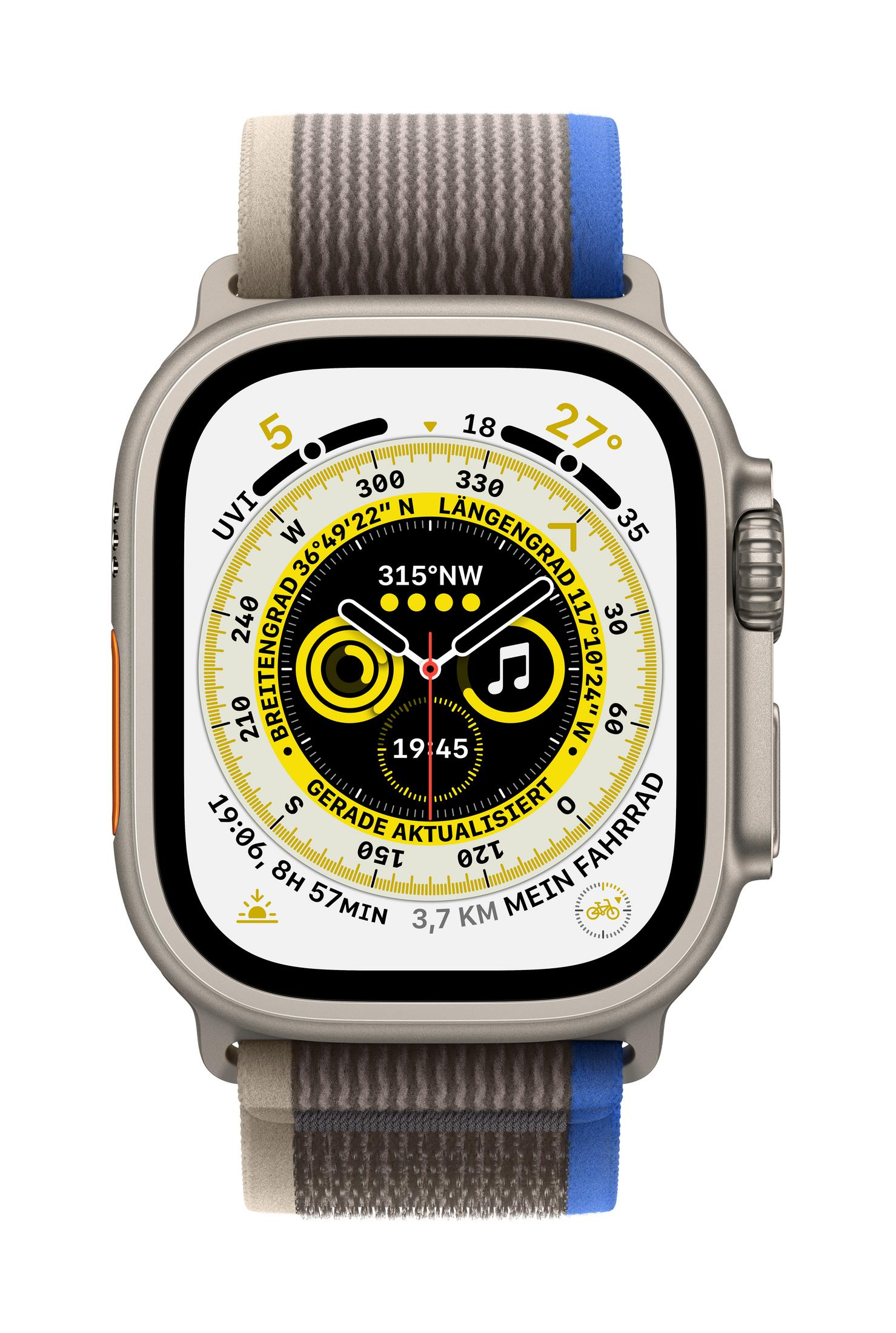 Silberne Smartwatch mit buntem Band, zeigt Zeit und Kompass, weißer Hintergrund.