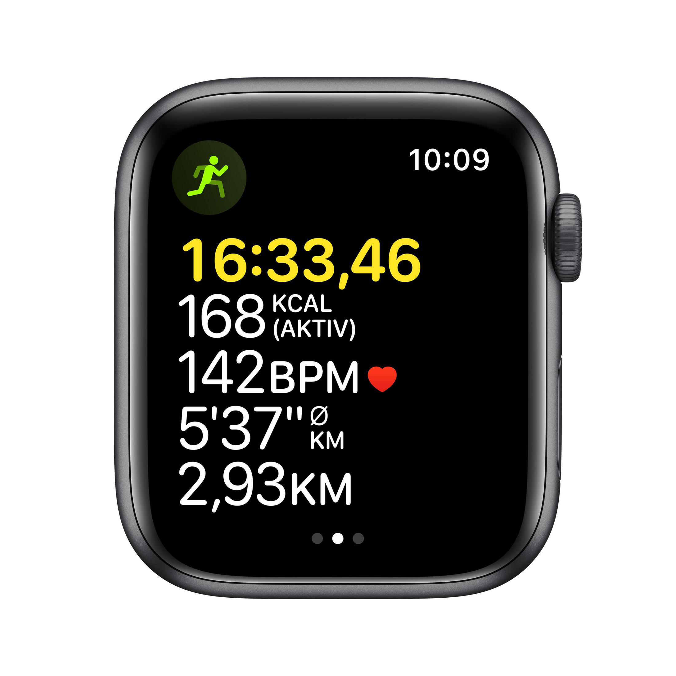Schwarze Apple Watch, die Trainingsmetriken wie Zeit, Kalorien, Herzfrequenz und Distanz anzeigt.