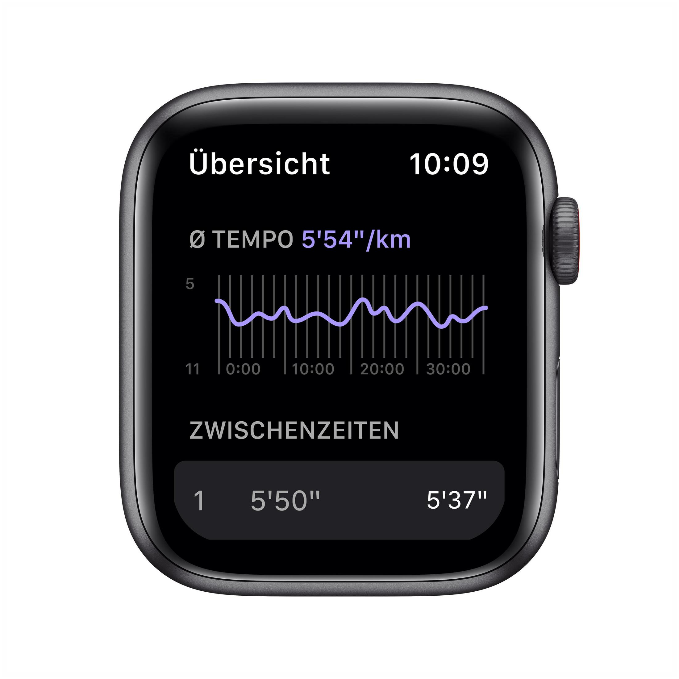Ein schwarzer Apple Watch-Bildschirm zeigt Trainingskennzahlen, einschließlich Zeit und Tempo.