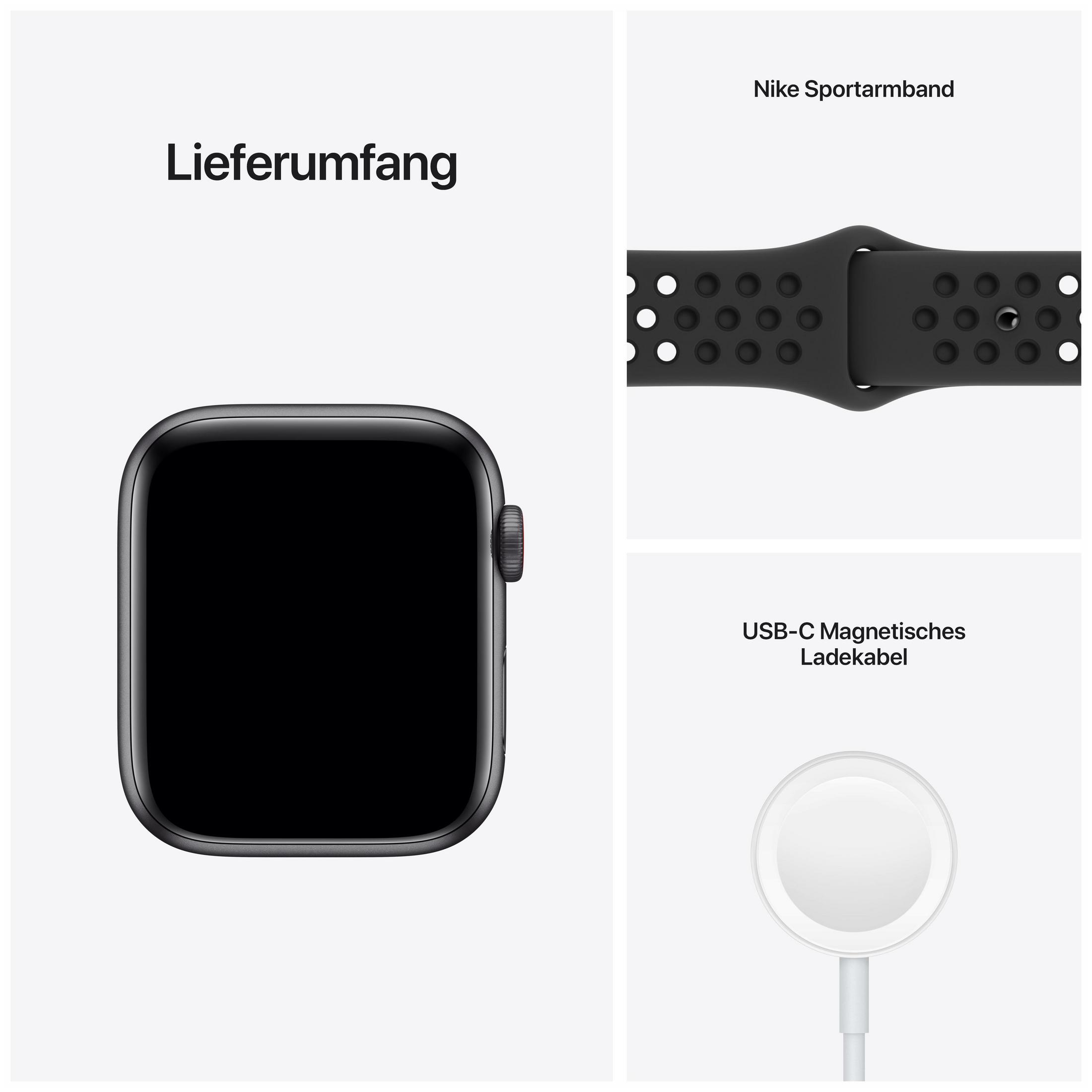 Apple Watch, Nike-Band und Ladegerät auf hellem Hintergrund. Schwarze Uhr.