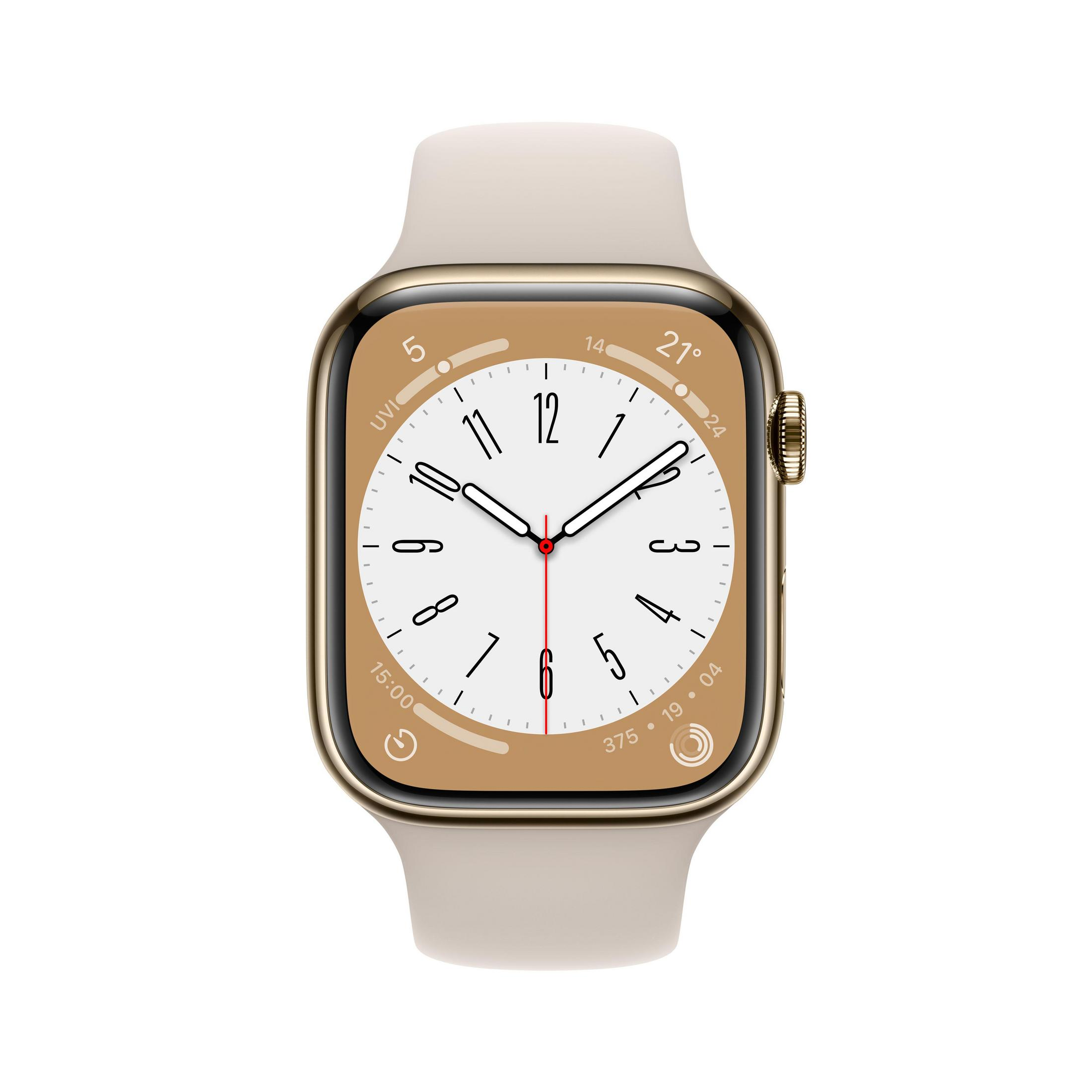 Nahaufnahme einer goldenen Apple Watch mit beigefarbenem Armband, zeigt die Uhrzeit 12:00 und Datum.