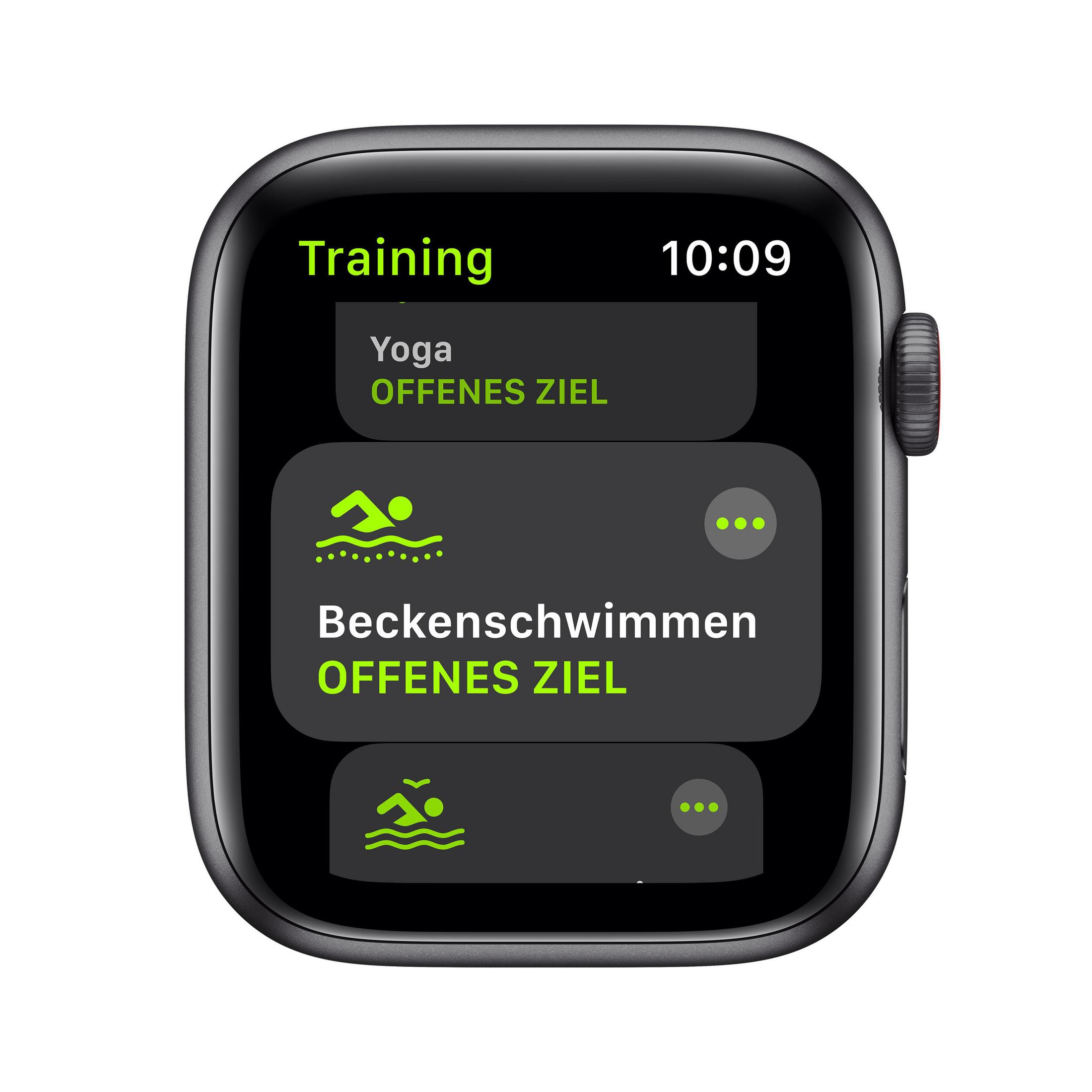 Apple Watch-Bildschirm mit Trainingsoptionen: Yoga, Schwimmen und weitere Option.