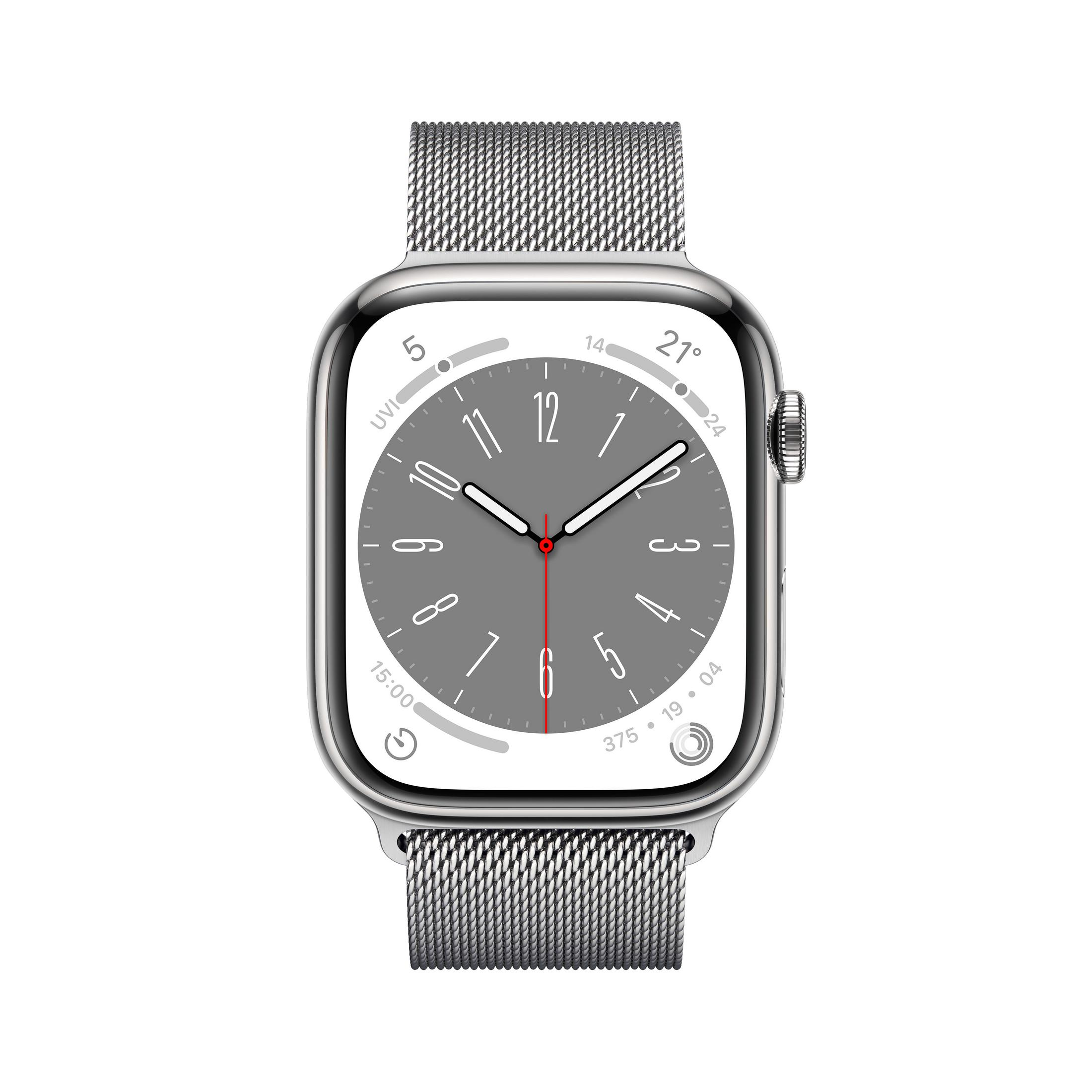 Eine silberne Apple Watch mit silbernem Metallband und der angezeigten Uhrzeit.