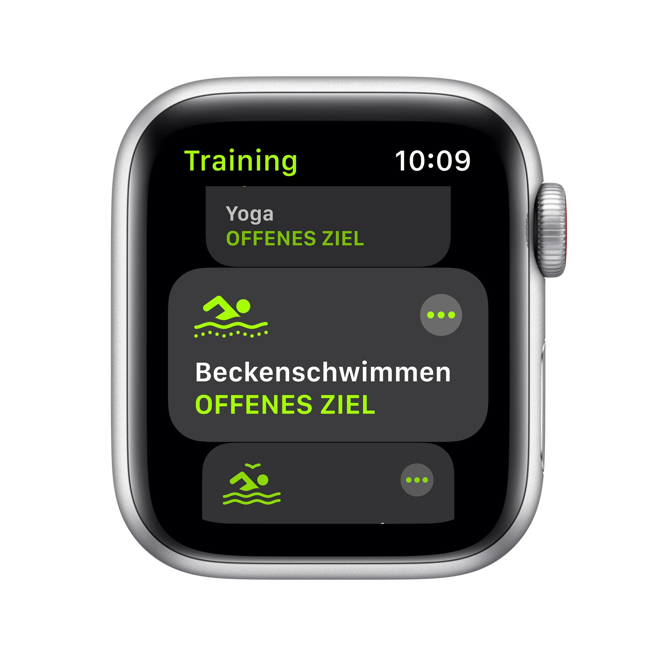 Un Apple Watch argento che mostra una schermata di allenamento con opzioni di esercizio.