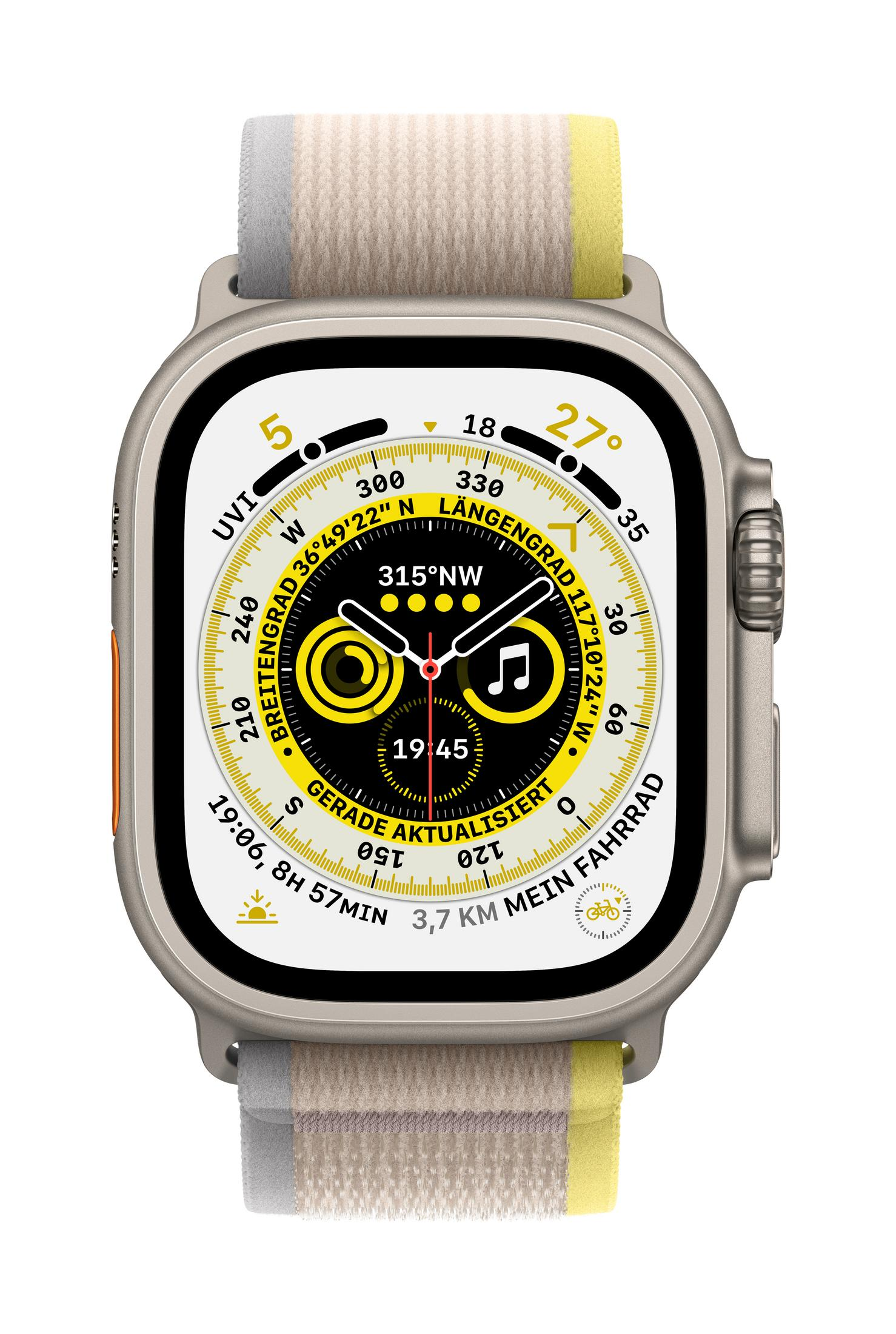 Silberne Apple Watch mit gelb/grauem Band, zeigt Zeit und Kompass.