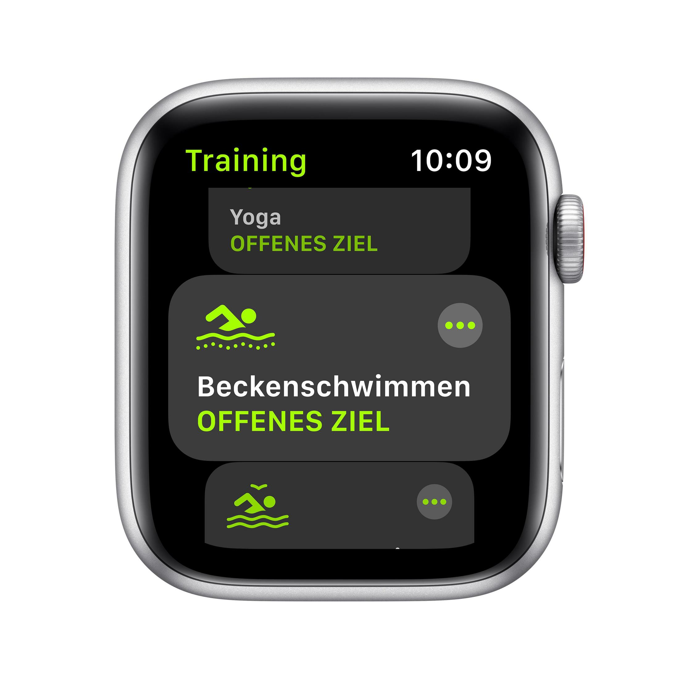 Schermo Apple Watch che mostra le opzioni di allenamento yoga e nuoto.