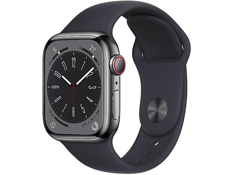 APPLE S8 GPS+CEL 41 GRAP STAINL ST W MIDN SPORT REG Smartwatch Edelstahl Fluorelastomer, 130 - 200 mm, Armband: Mitternacht, Gehäuse: Graphit