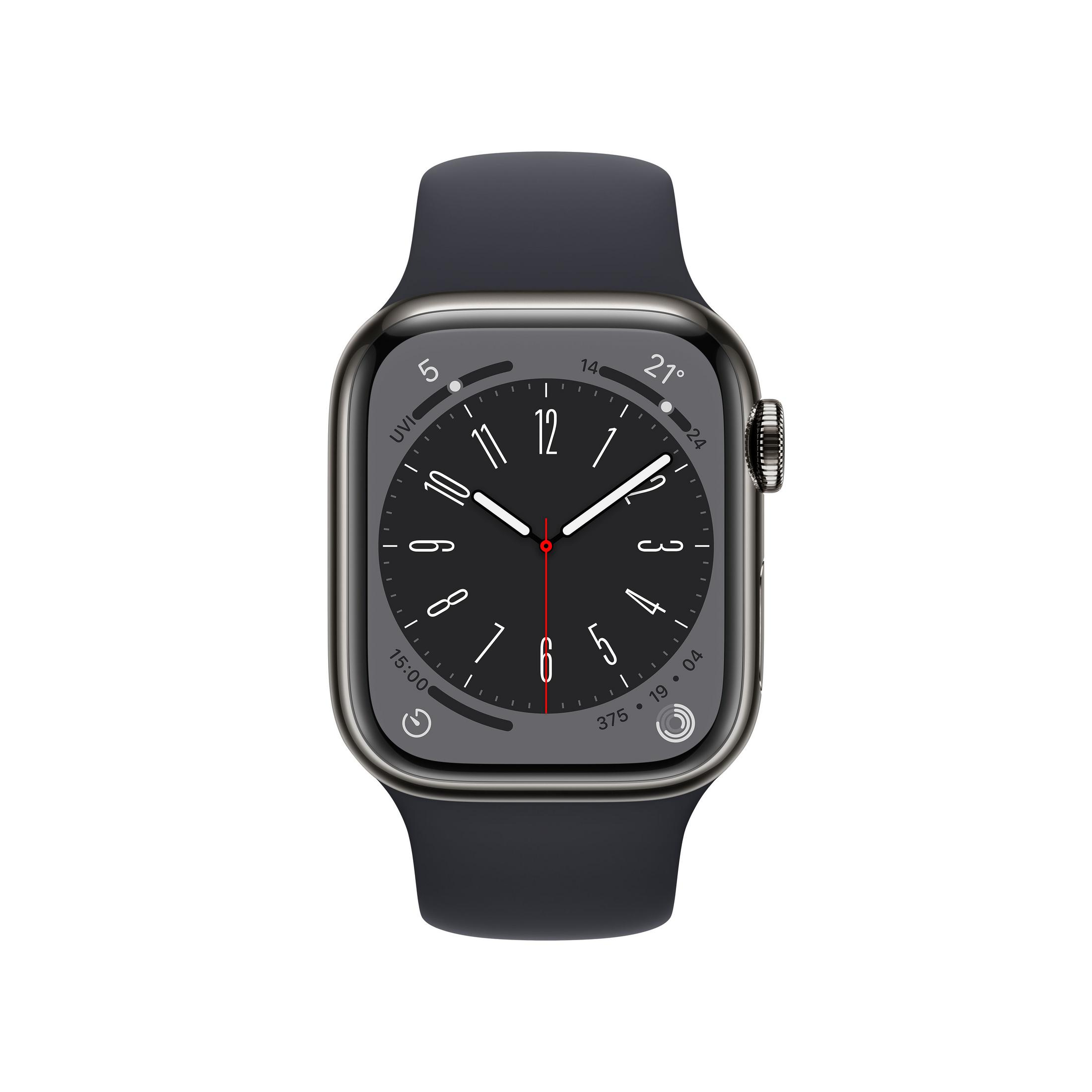 Dunkelgraue Apple Watch mit dunkelgrauem Armband, zeigt ein Zifferblatt.