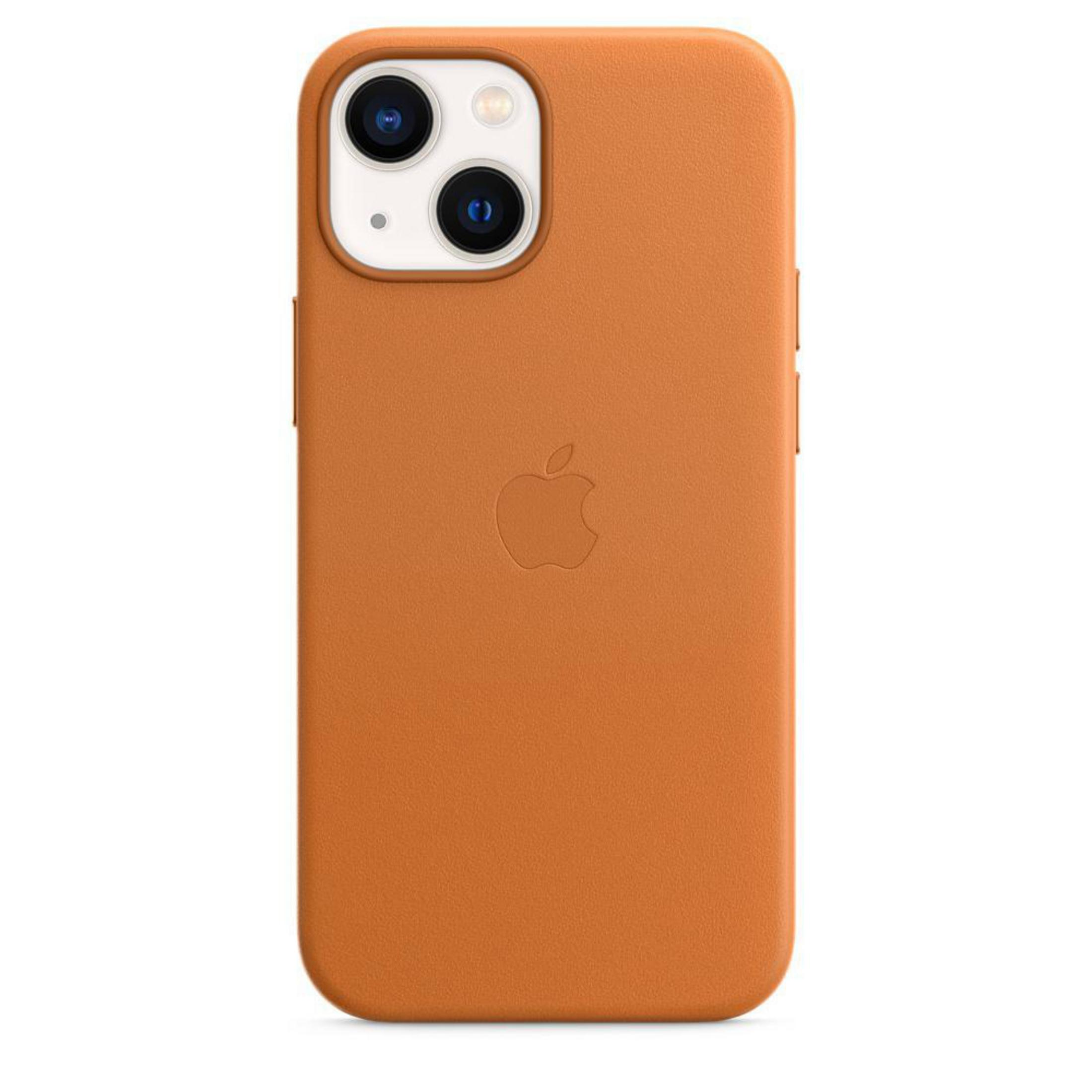 Orange phone case with cutout for the camera and Apple logo. The background is white.
