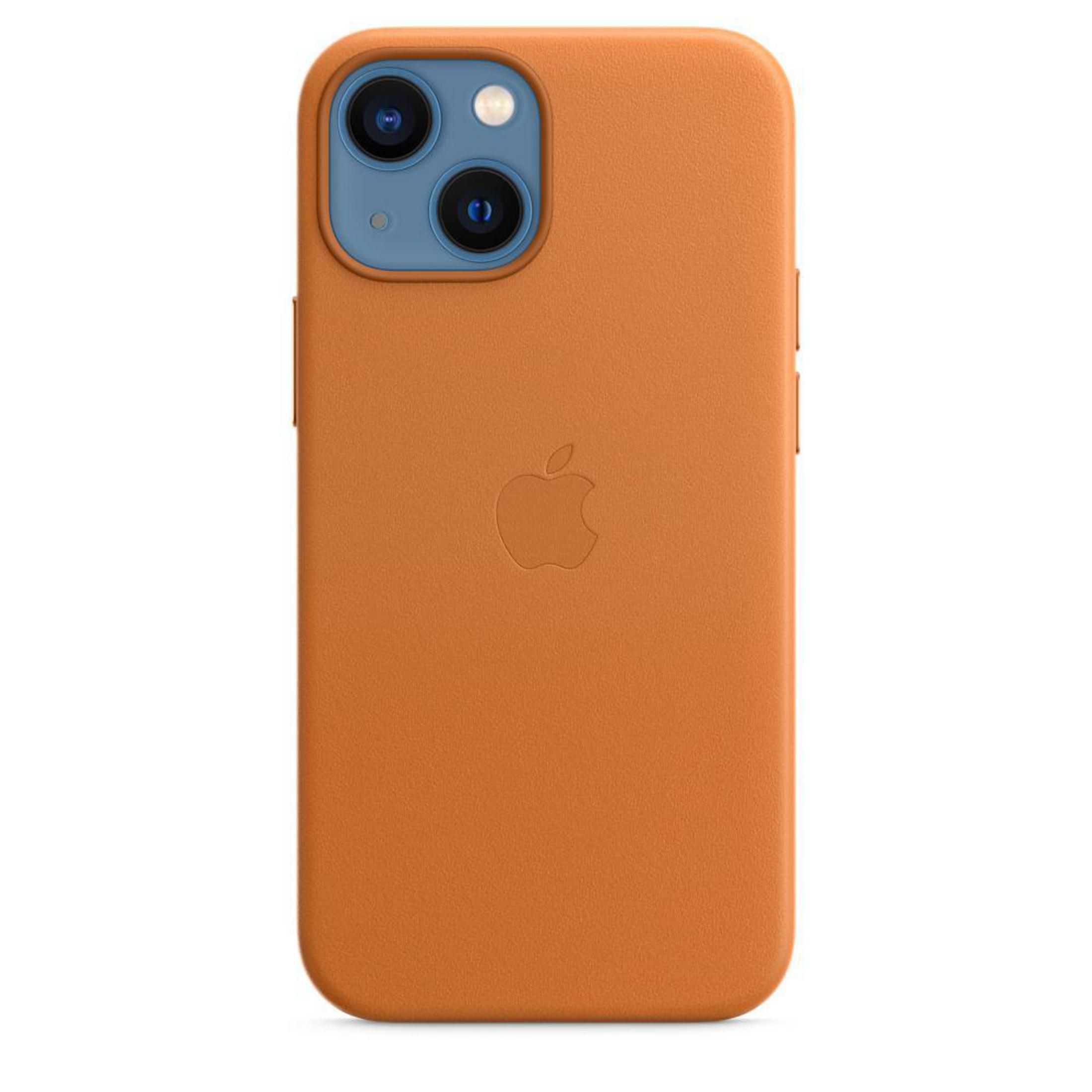 A close-up of an orange leather phone case, with the Apple logo on the back.