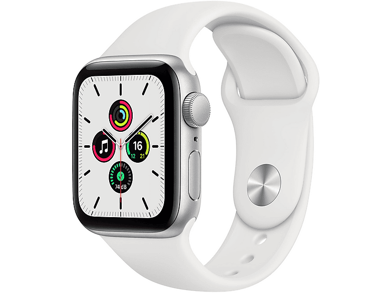 APPLE SE GPS 40 SILVER ALU WHITE SPORT Smartwatch Aluminiumgehäuse, Gehäuseboden aus Keramik und Saphirglas Fluorelastomer, 130 - 200 mm, Silber/Weiß