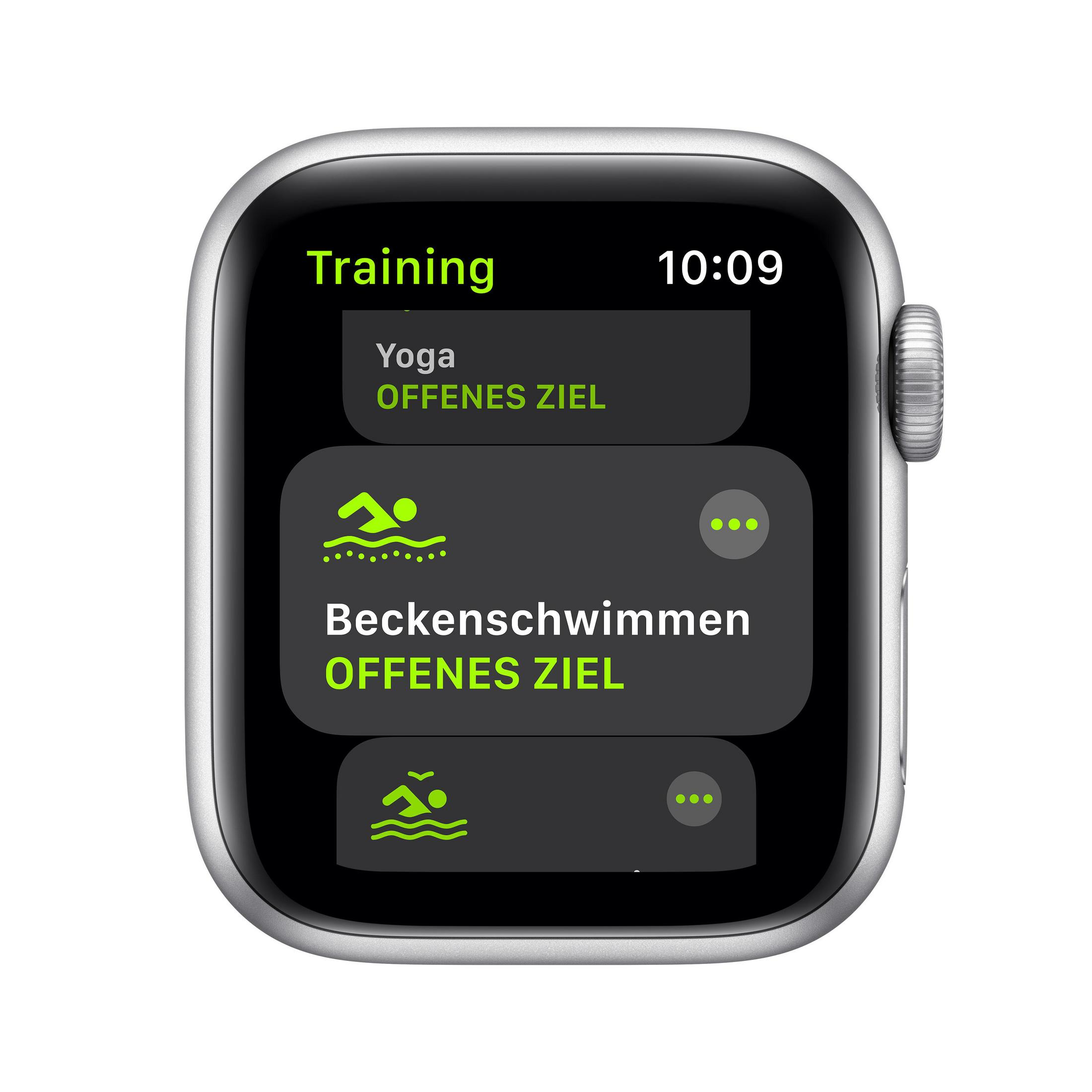 Apple Watch Bildschirm mit Trainingsoptionen: Yoga und Schwimmen. Silbernes Gehäuse, schwarzes Display. Weißer Hintergrund.