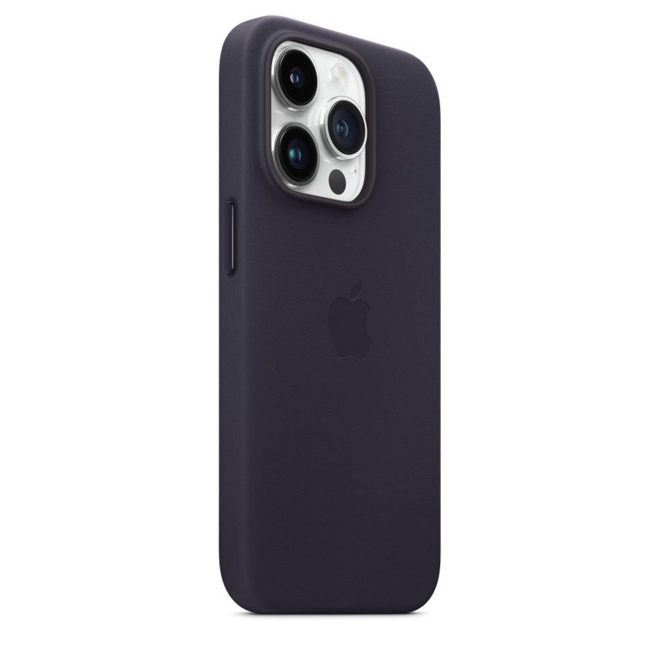 Donkerblauwe leren iPhone-hoes met Apple-logo en camerasysteem.