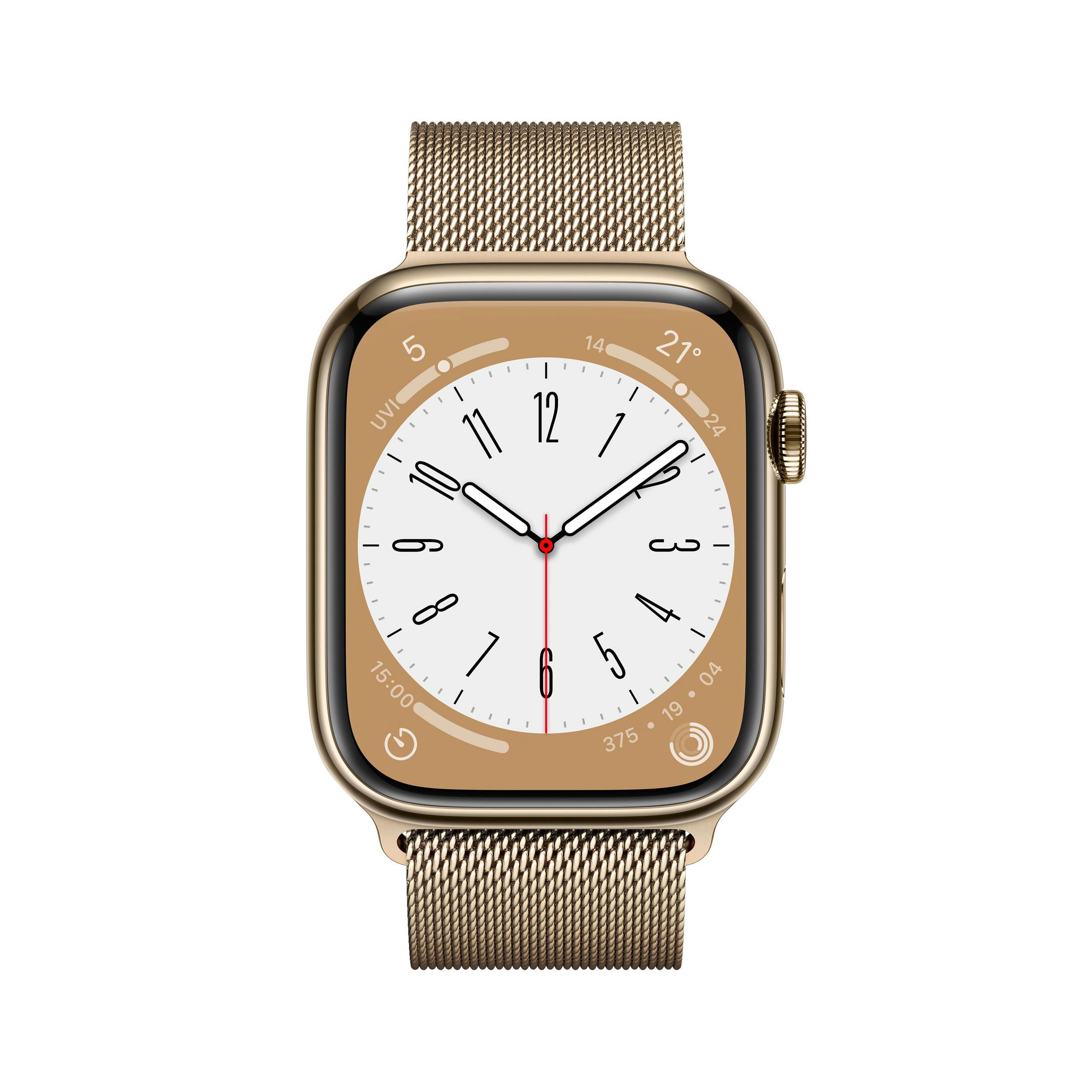 Goldene Apple Watch mit goldenem Armband, zeigt Uhrzeit und Datum.