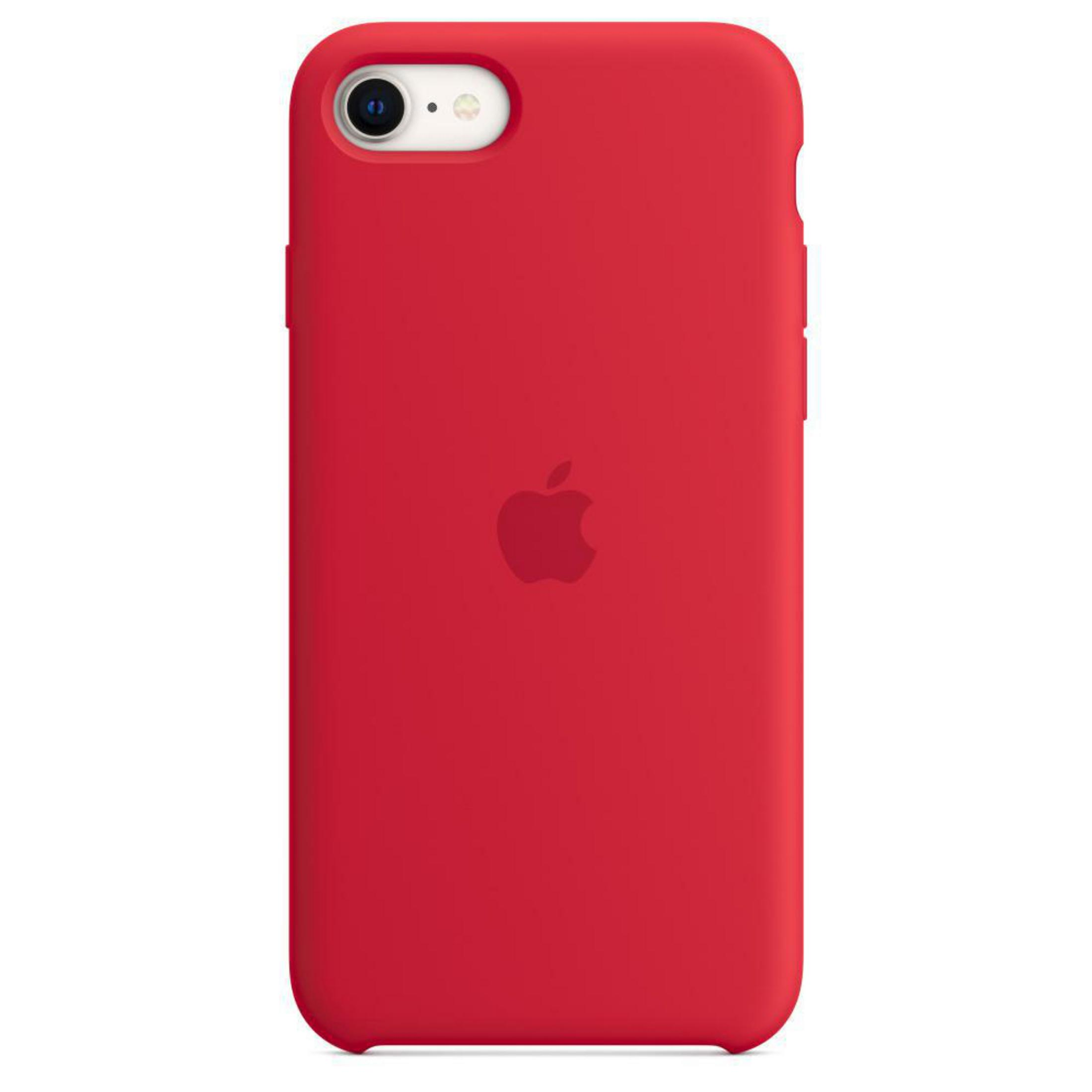 Custodia per iPhone rossa con logo Apple. Custodia centrata.