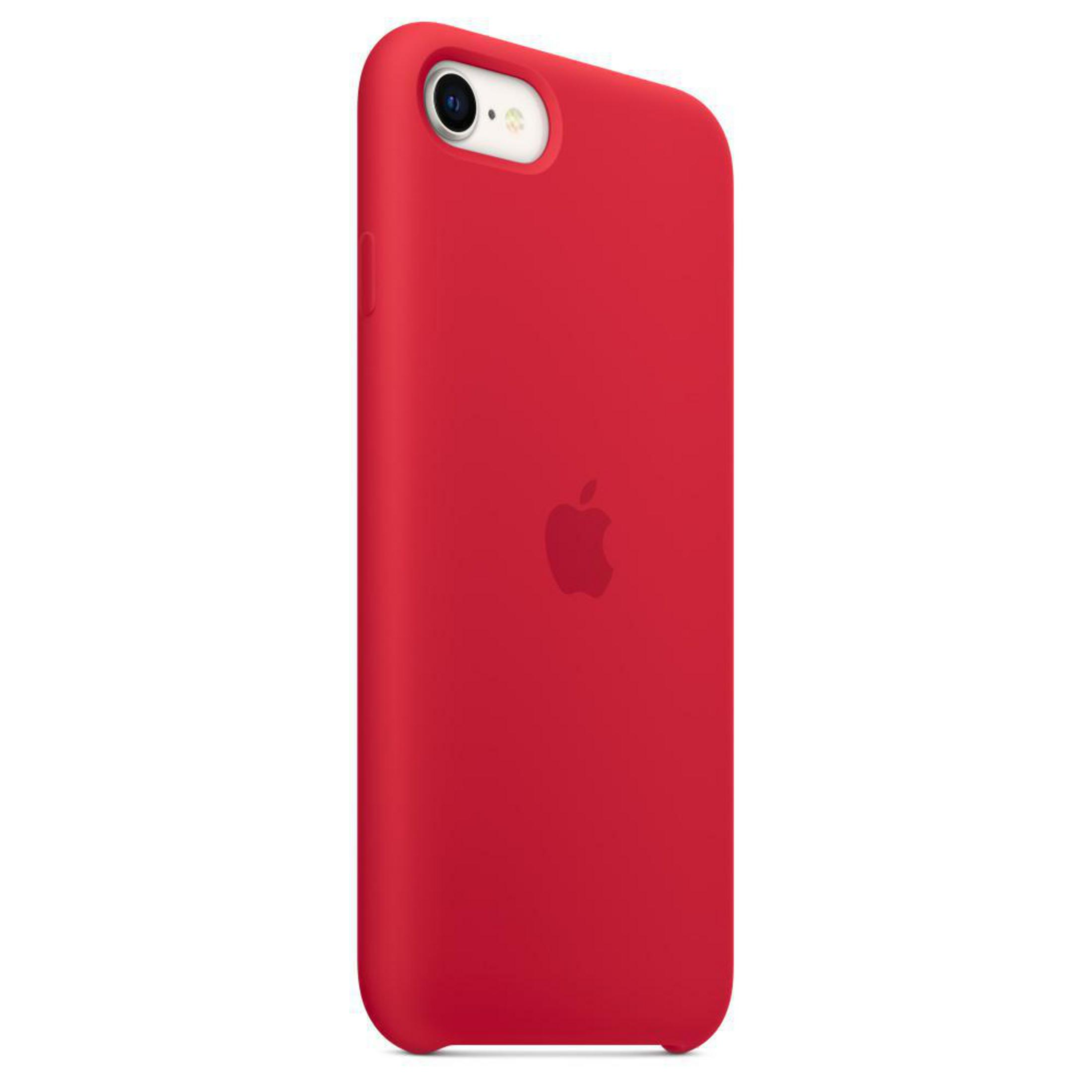 Custodia rossa per iPhone con il logo Apple sul retro e una lente della fotocamera.