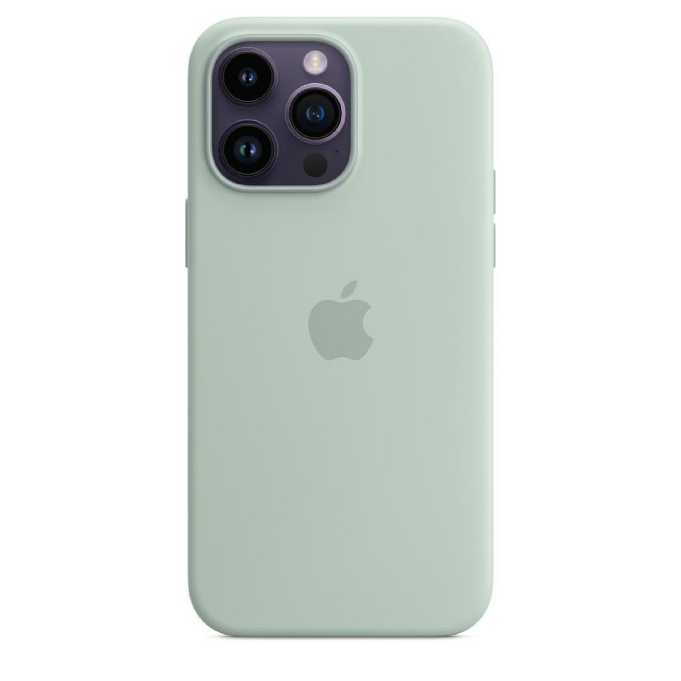 Eine hellgrüne iPhone-Hülle, mit Apple-Logo auf der Rückseite und Kamera oben.