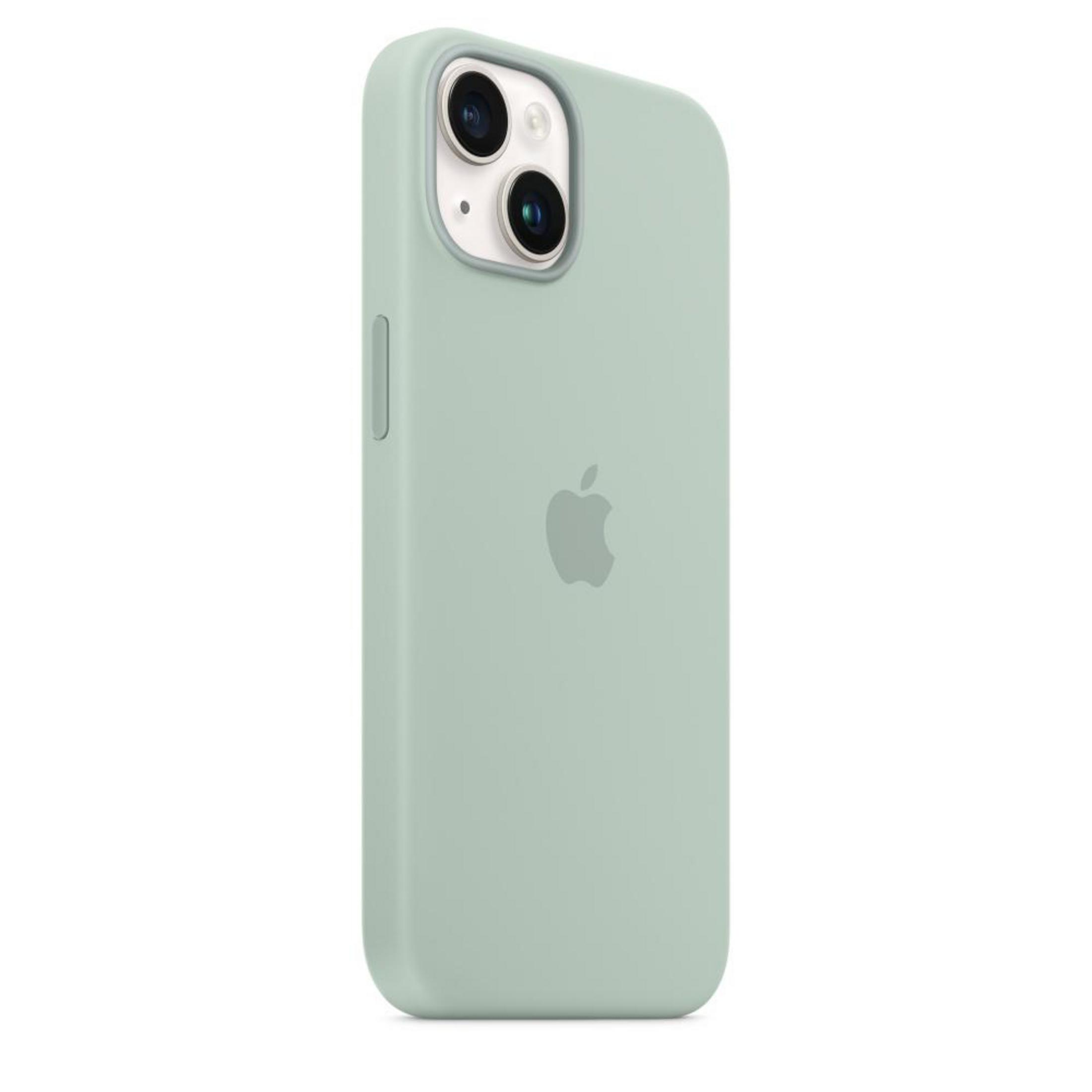 Ein hellgrünes iPhone mit Hülle, das die Rückseite zeigt.
