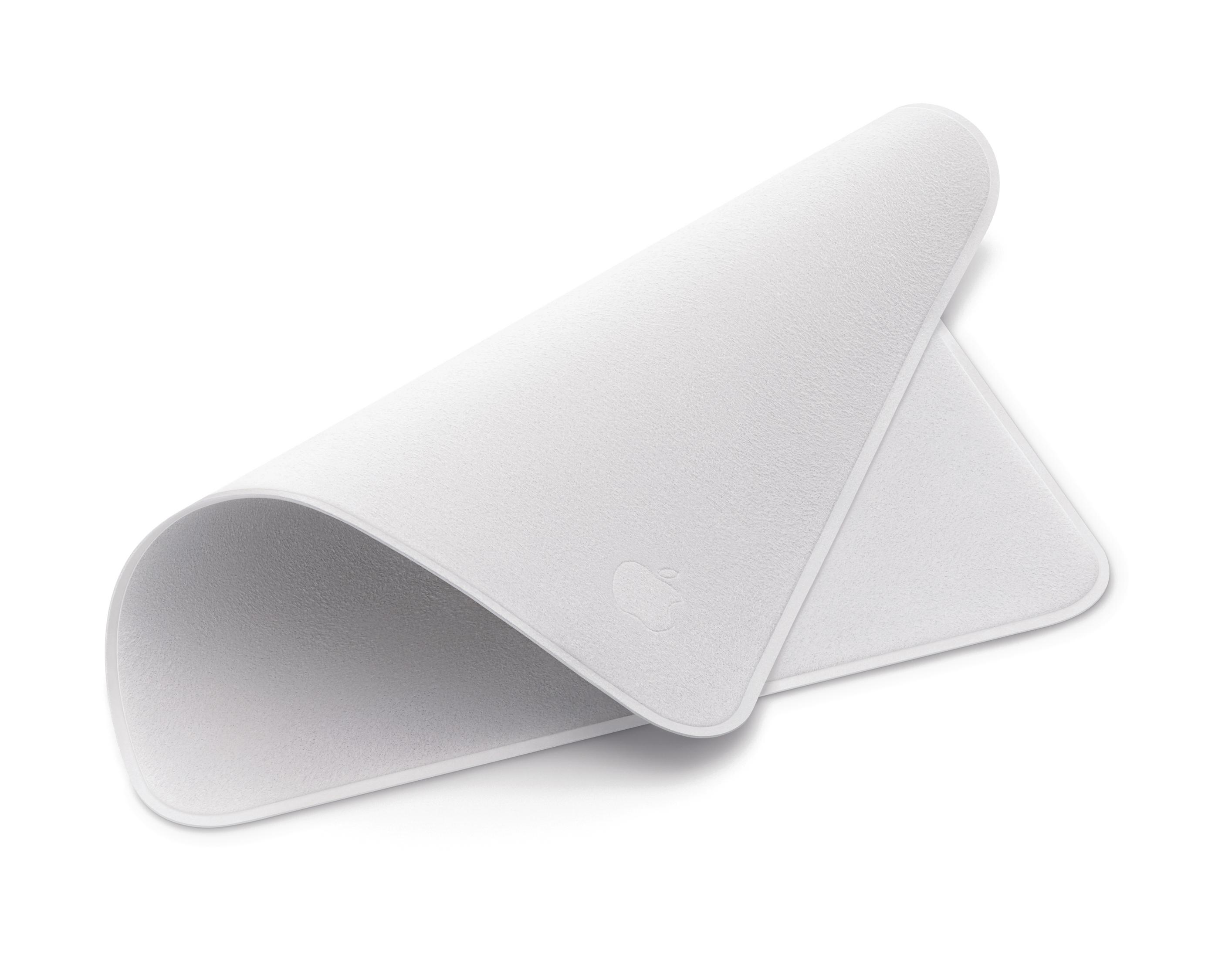 Panno per la pulizia bianco, piegato. Logo Apple visibile. Sfondo bianco.