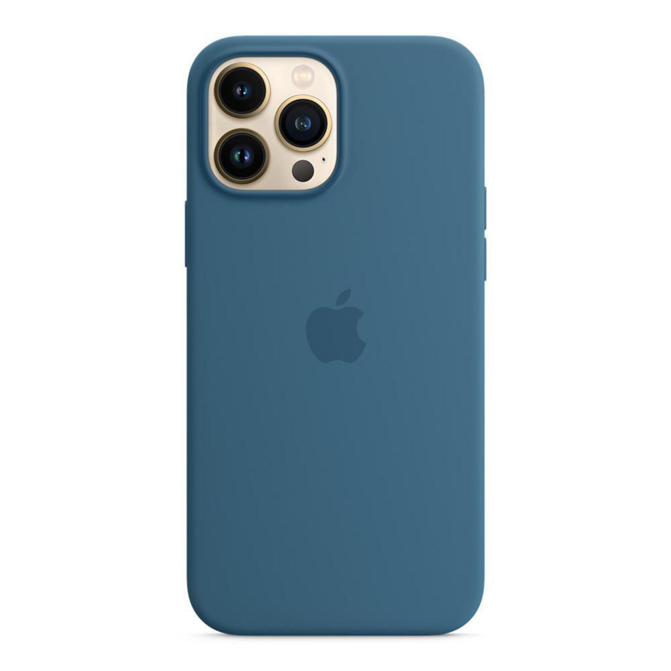 A blue iPhone case with three camera lenses and the Apple logo. It has a smooth surface.