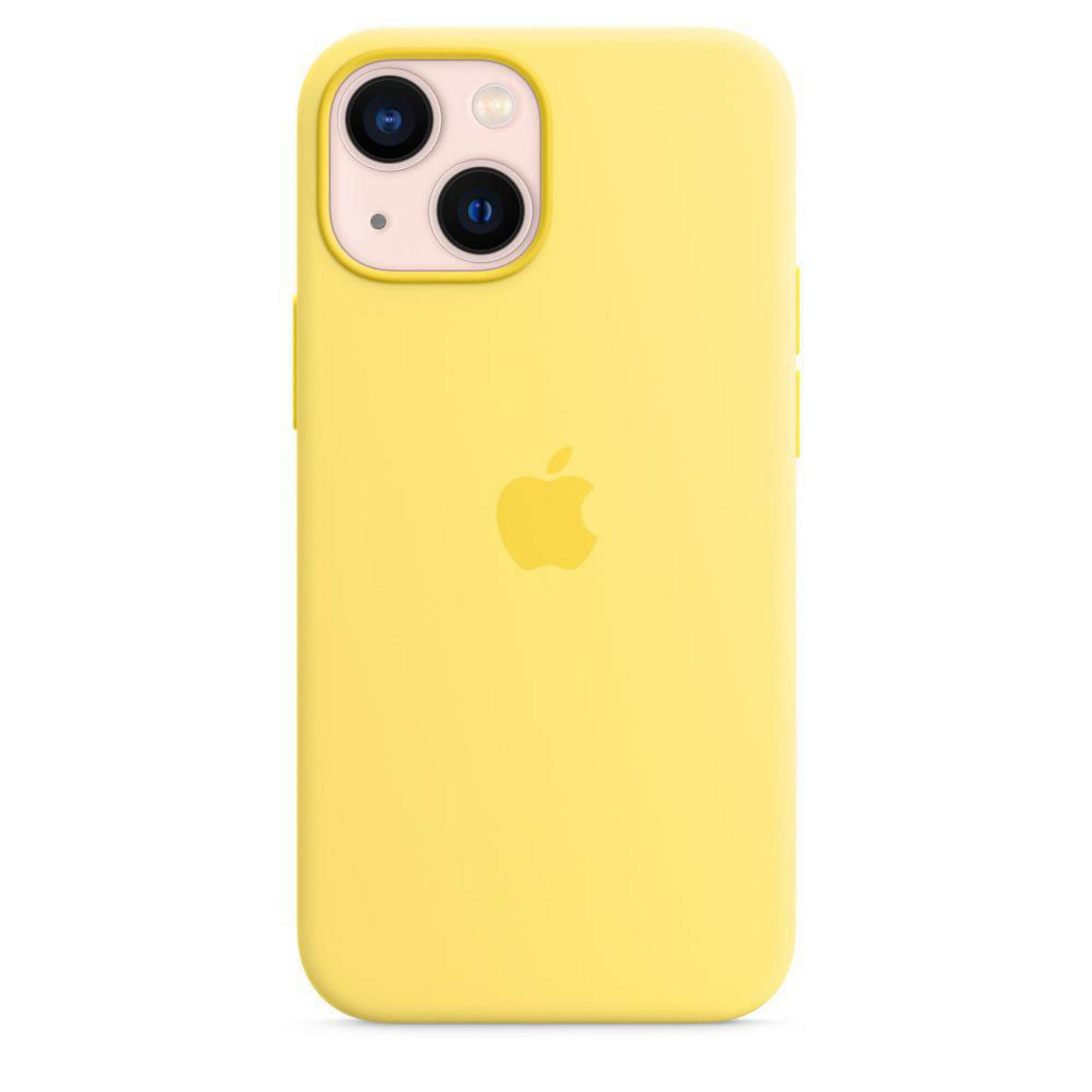 Een gele iPhone-hoes met het Apple-logo en twee cameralenzen op de achterkant.