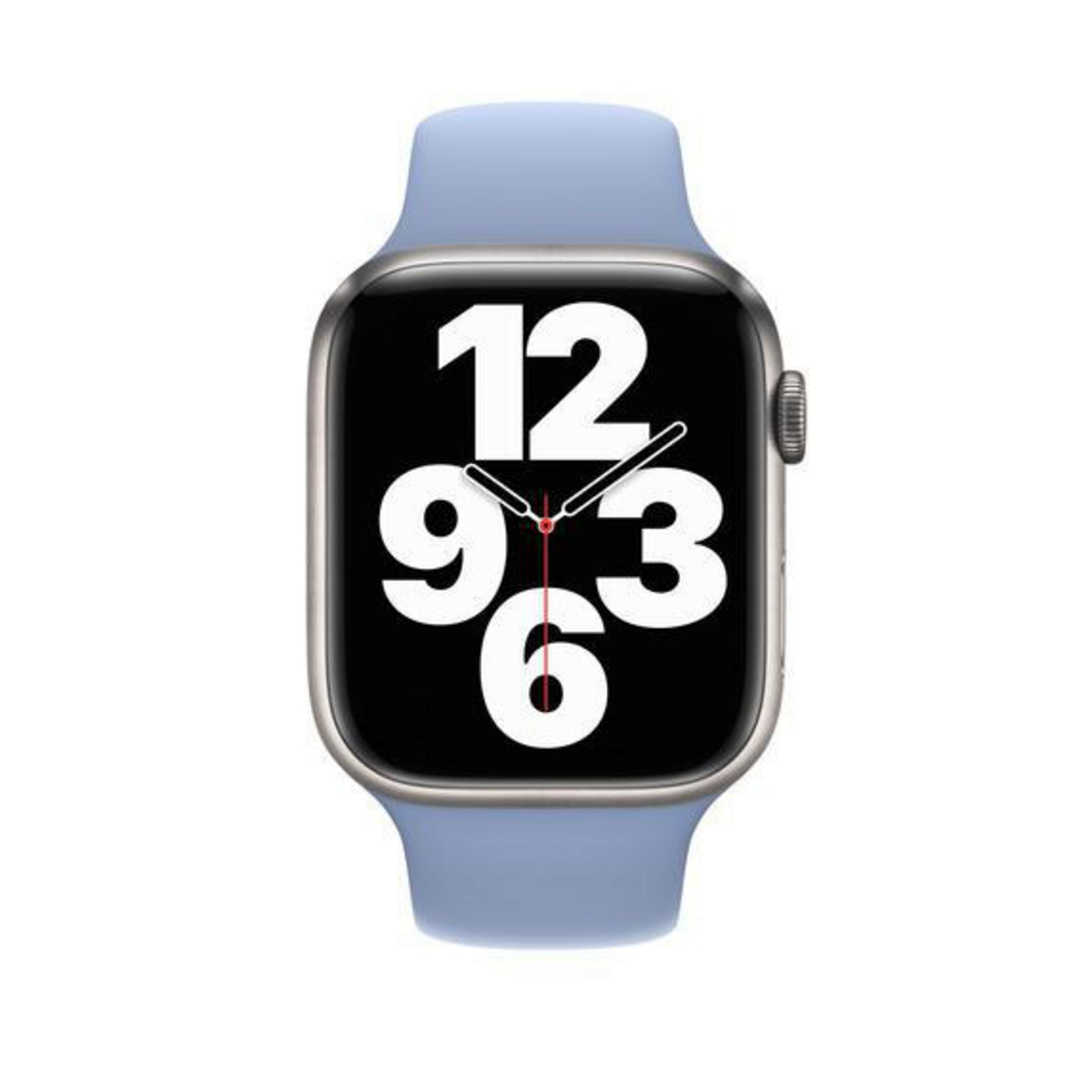 Montre connectée avec bracelet bleu. Écran noir avec chiffres blancs. Cadre argenté.