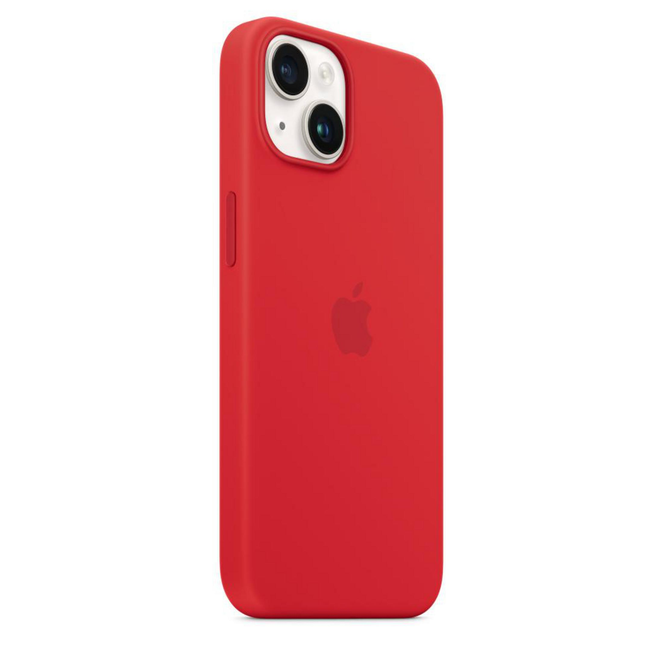 Coque d'iPhone rouge, avec le logo Apple visible.