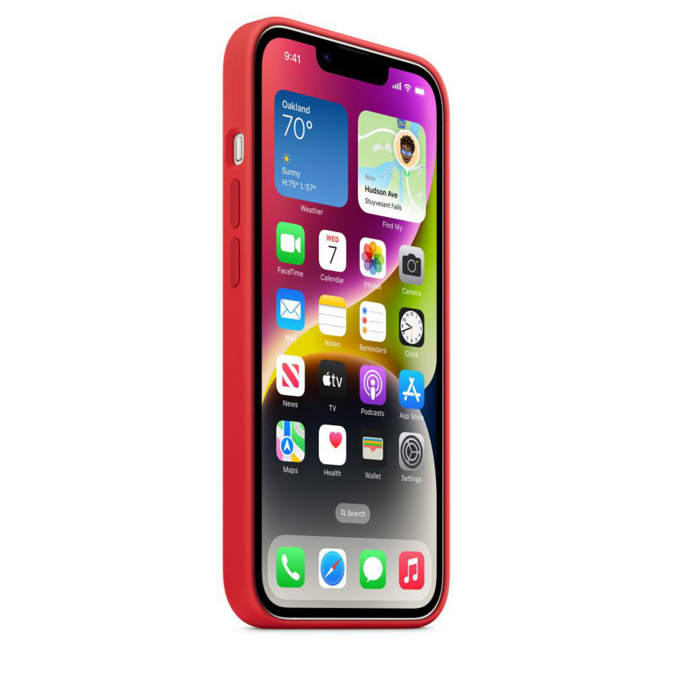 iPhone rouge dans un étui rouge affiche des applications. Widget météo indique Oakland, 70 degrés.