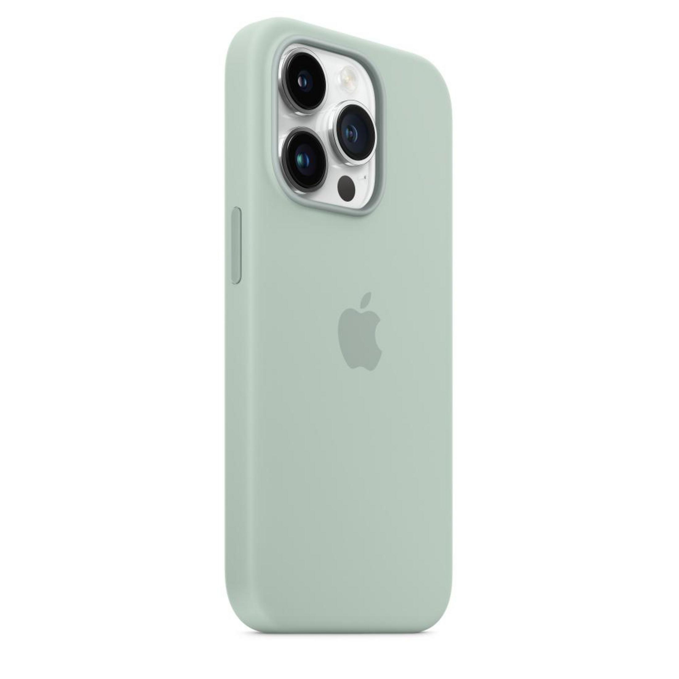 A light green iPhone case with three camera lenses. The Apple logo is in the middle.