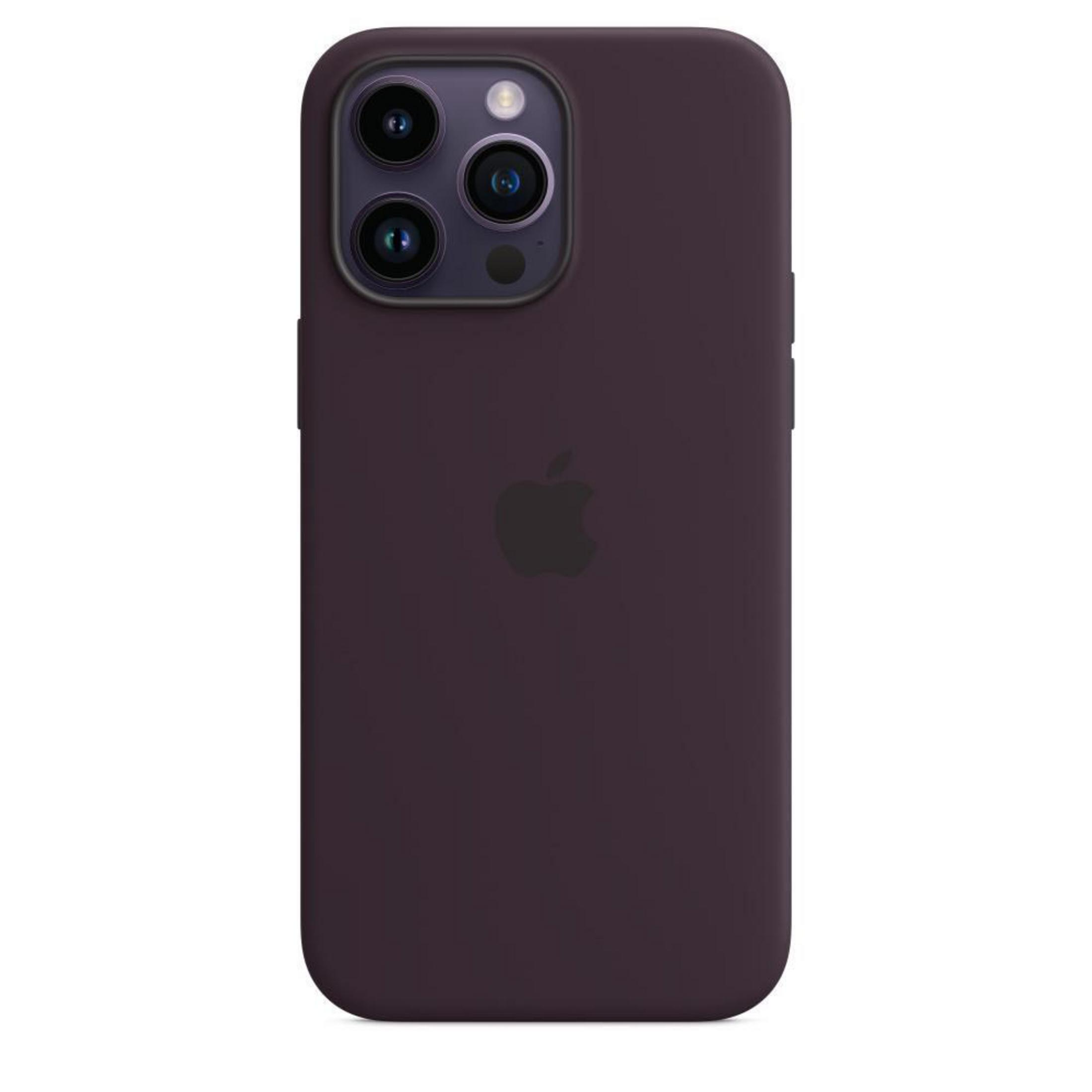 Purple phone case with Apple logo. Three camera lenses are visible.