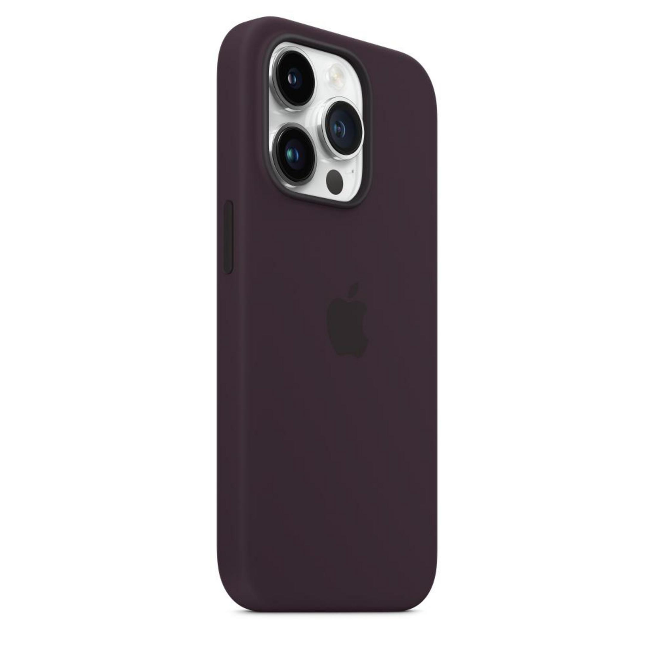 Eine lila Handyhülle mit drei Kameralinsen und dem Apple-Logo auf der Rückseite.