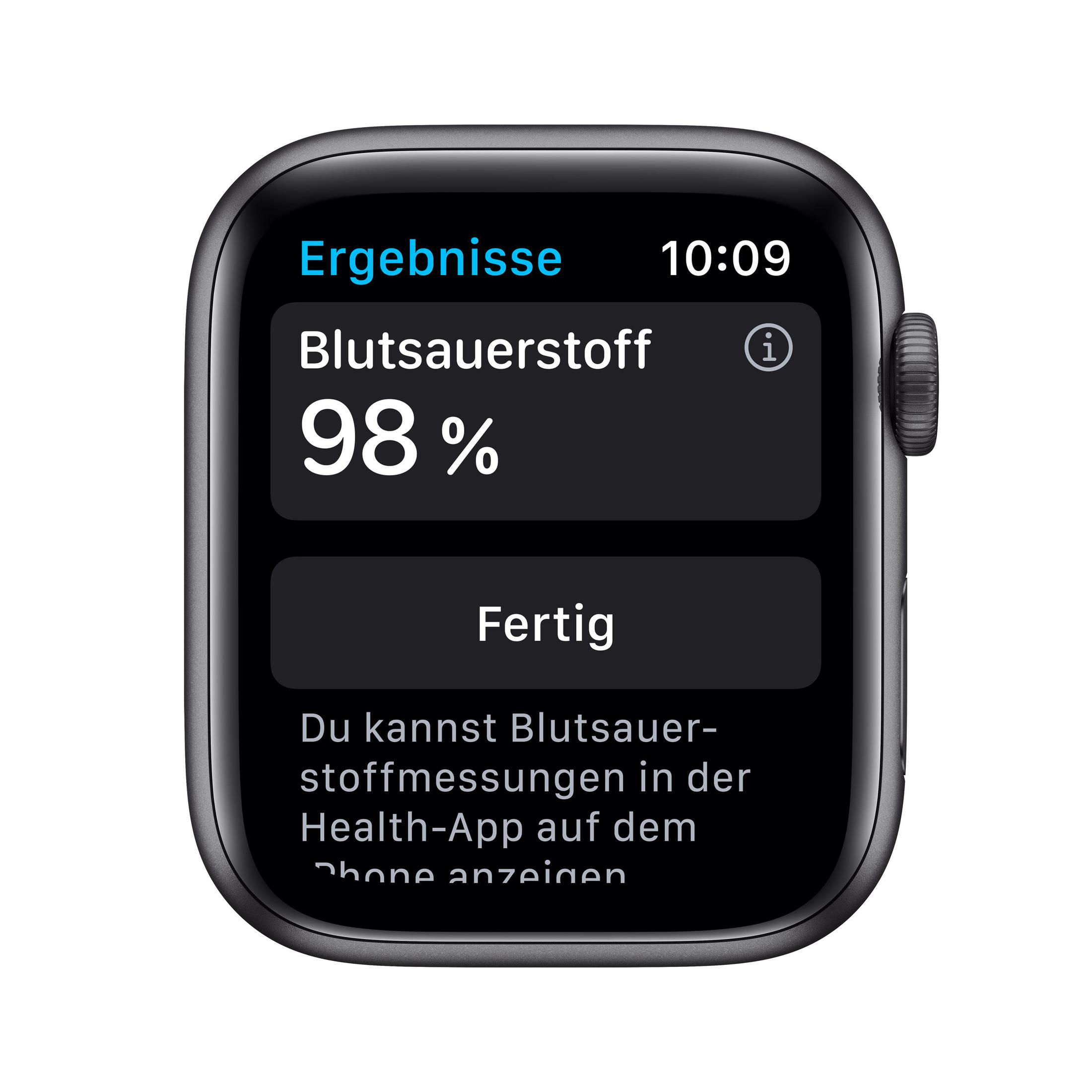 Apple Watch zeigt Blutsauerstoff von 98%. Anzeige lautet 'Fertig'.