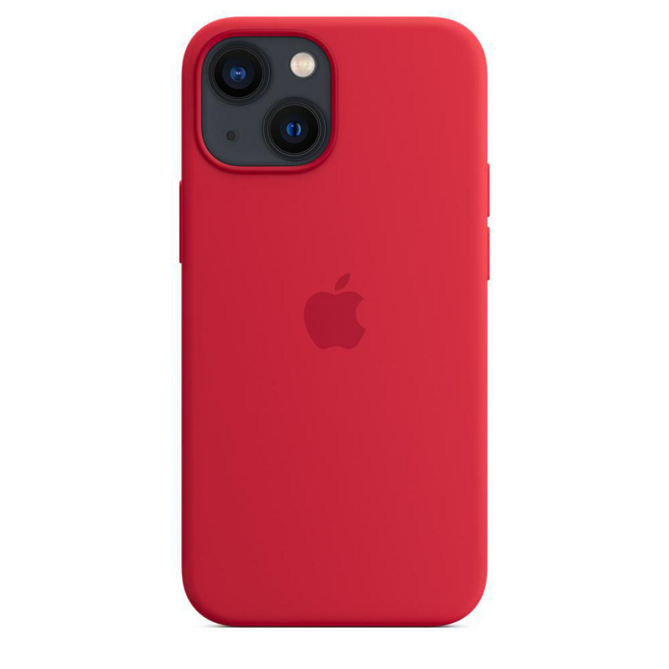 Rode iPhone 13 hoes. De achterkant heeft het Apple logo en een dubbel camerasysteem.