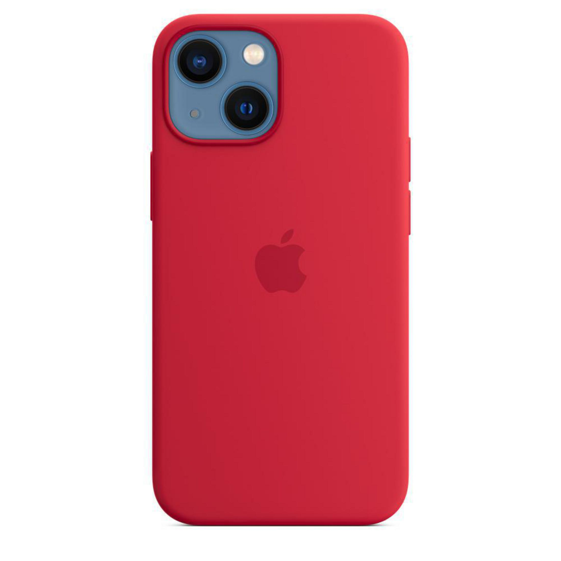 Een rode iPhone, met het Apple-logo op de achterkant en twee camera's.