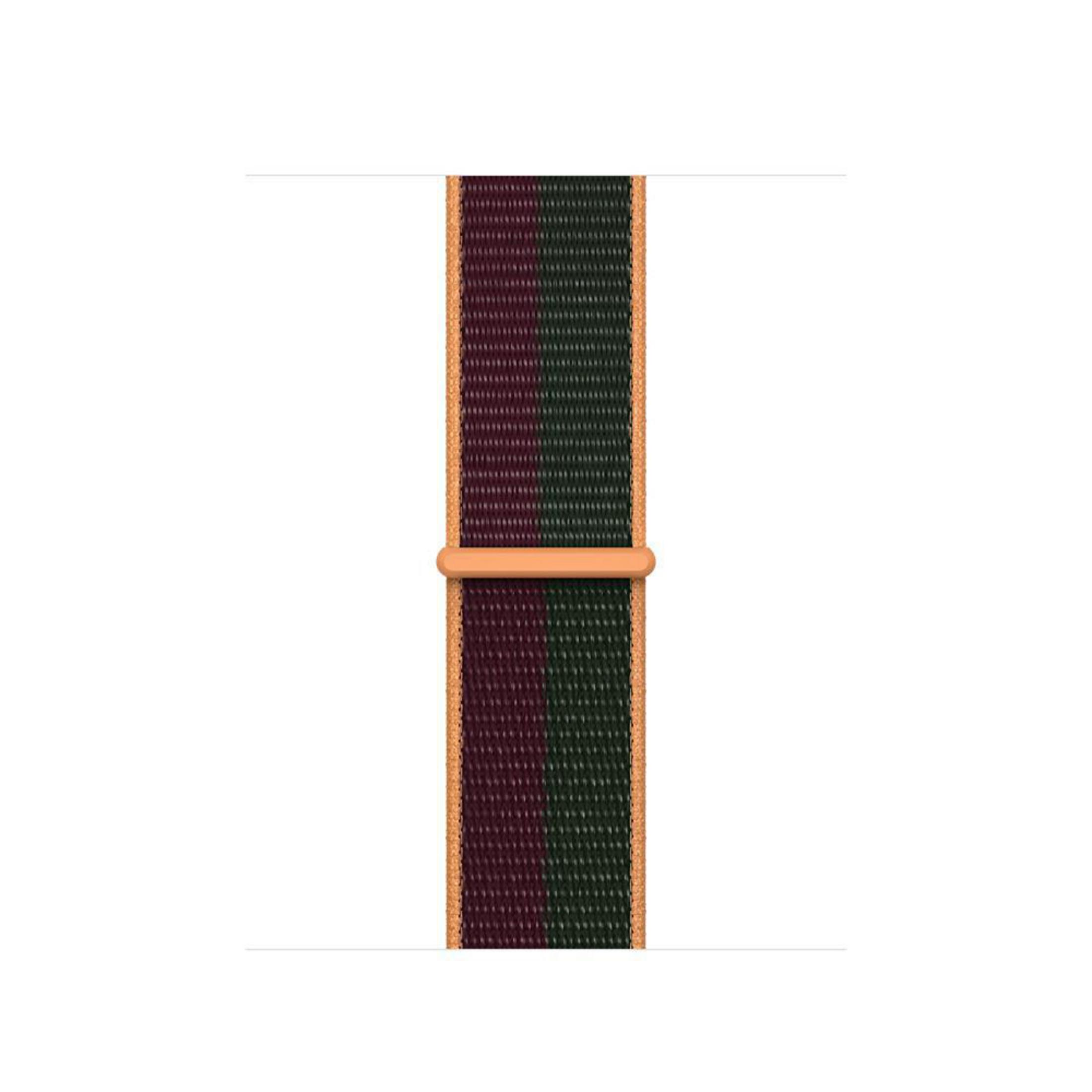 Een horlogeband met groene en bordeauxrode strepen, vastgehouden door een oranje lus.
