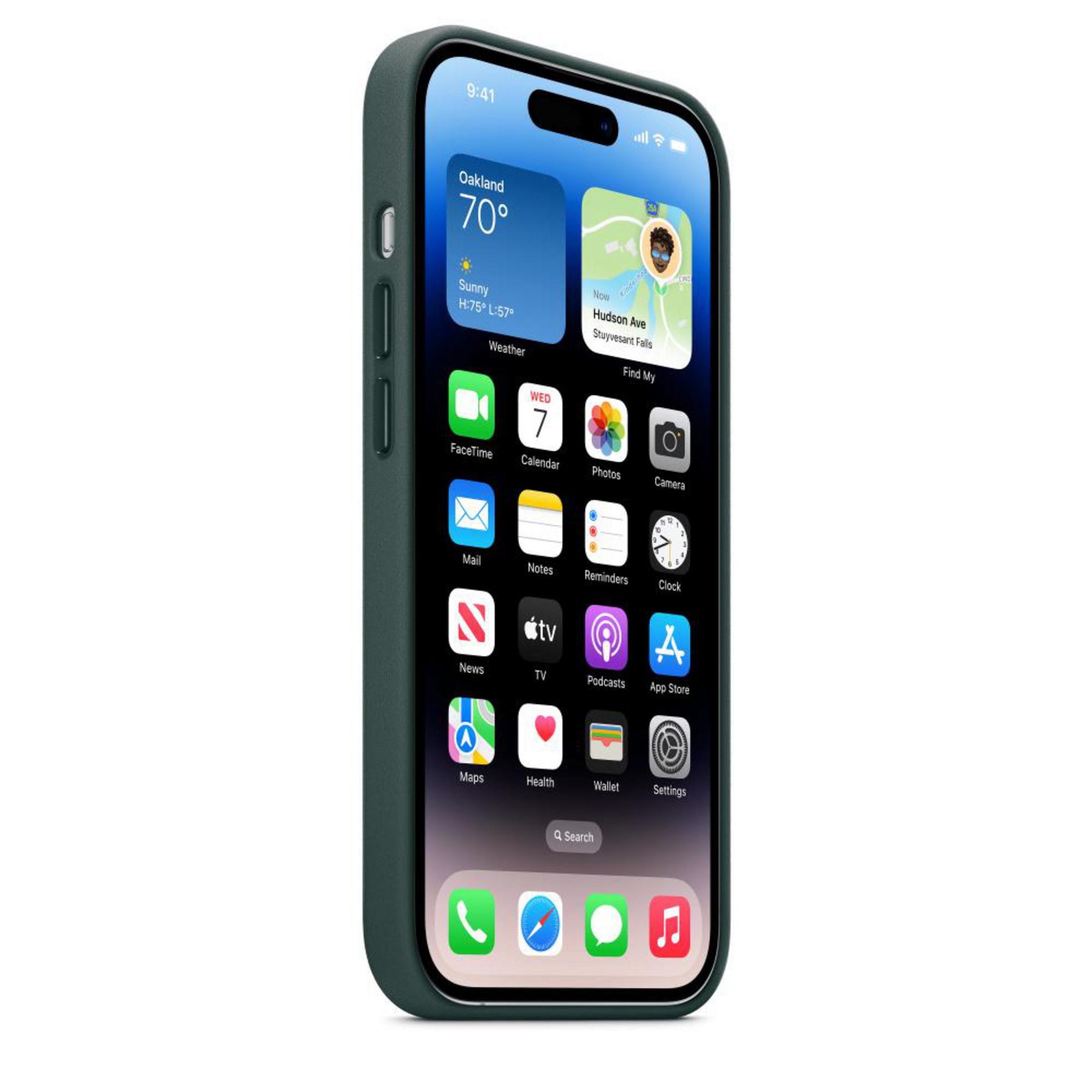 Green iPhone in case, showing weather app and other icons on the screen. Dark case.