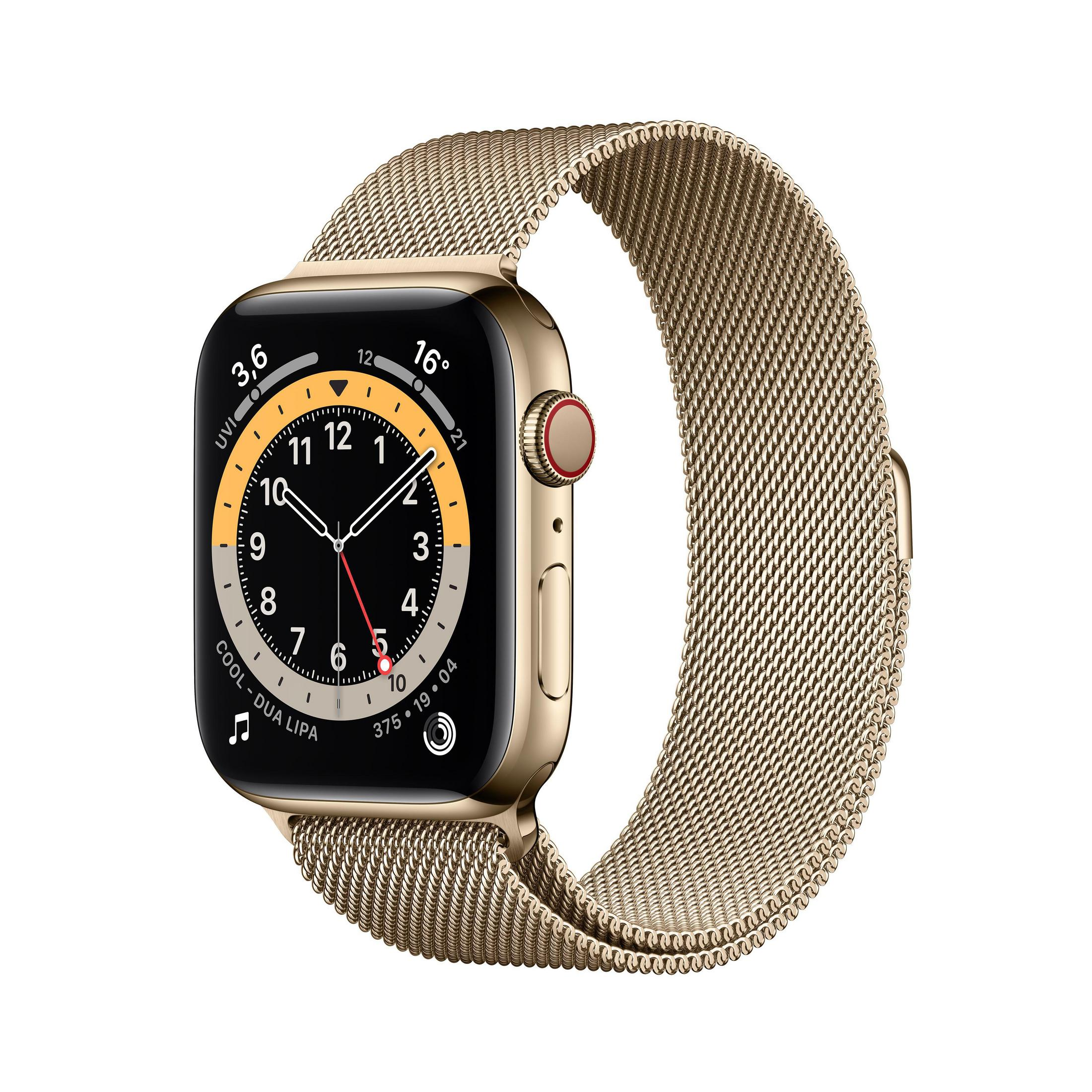 Goldene Apple Watch mit goldenem Milanese-Armband. Zeigt die Uhrzeit.